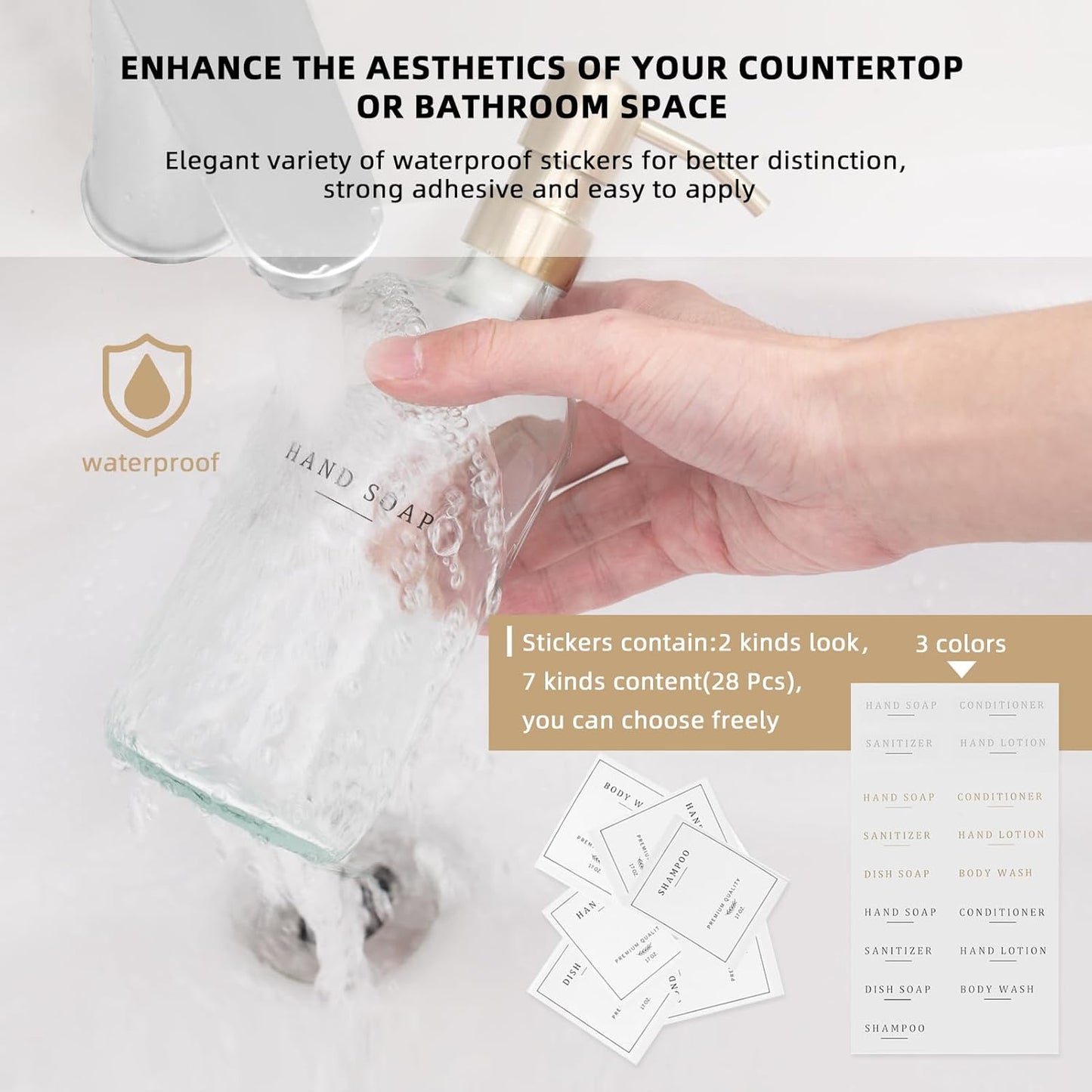 Glass Soap Dispenser - Dish Hand Soap Dispenser Set for Kitchen, Bathroom Soap Lotion Dispenser with 304 Rust Proof Pump, Tray, Clear Bottle/Gold Pump