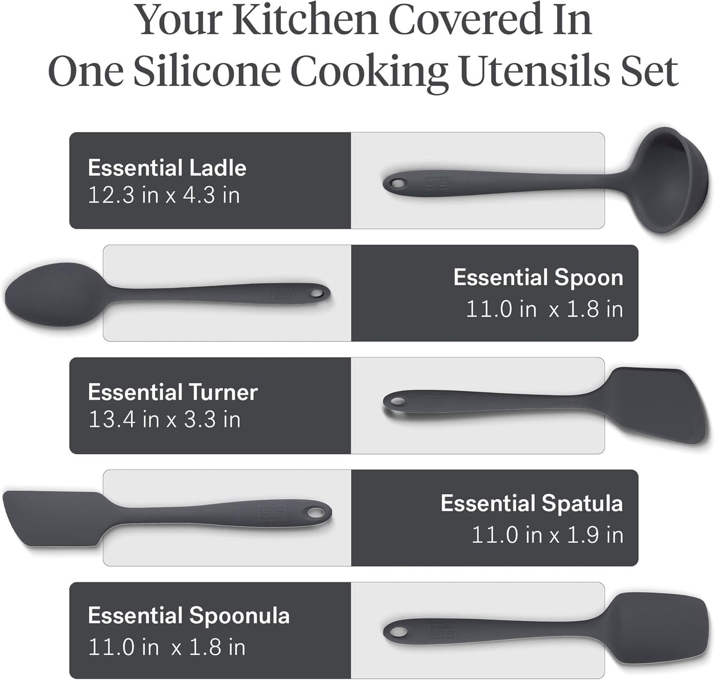 GIR: Get It Right 5 Piece Silicone Essentials Kitchen Utensils Set - Ladle, Spatula, Flip, Spoon & Spoonula - Non-Toxic Cooking Utensils for Nonstick Cookware, Cooking and Baking - Charcoal