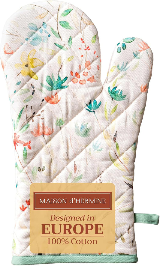 Maison d'Hermine Oven Gloves 100% Cotton Oven Mitt 7" x 13" with Loop Heat Resistant, BBQ, Cooking Gloves, Baking, Grilling, Kitchen, Handling Hot Pans Spring/Summer (Pack of 1, Colmar)