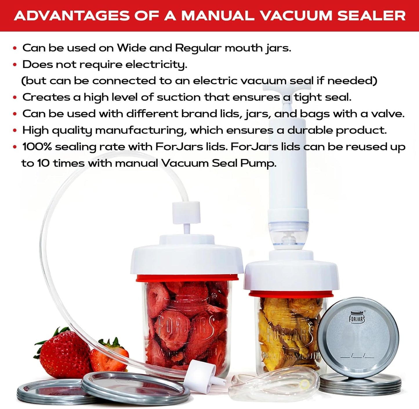 FORJARS Jar Vacuum Sealer Accessory Set for Mason Jars - Compatible with Regular and Wide Mouths, Cordless Pump for Portable Manual Hand Sealing, no electric. Vacuum Sealer with Plastic Lids