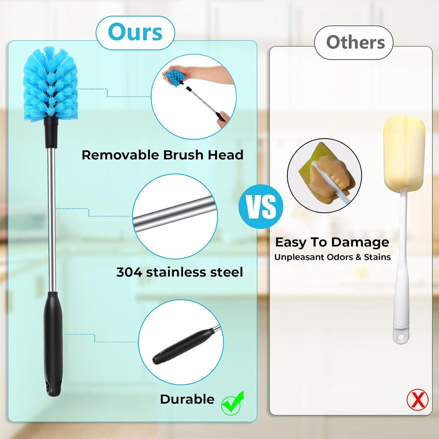 3 in 1 Stainless Steel Long Handled Water Bottle Brush Set, Kitchen Scrubber Cleaning Brush for Mugs, Coffee Cups, Glassware, Wine Glasses, Wake-Ups, with Straw Cleaner, Blue