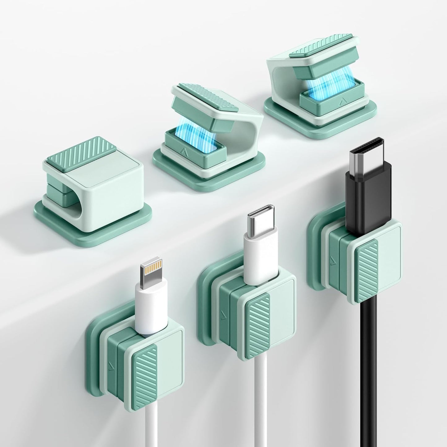 6 Pack Magnetic Cable Clips, Glow in The Dark Cable Holders, GolbinBox Cord Organizer with Shockproof Silicone, Fits up to 8mm Adhesive Cord Clips for Desk, Wall, Nightstand, Car, Home, Office, Green