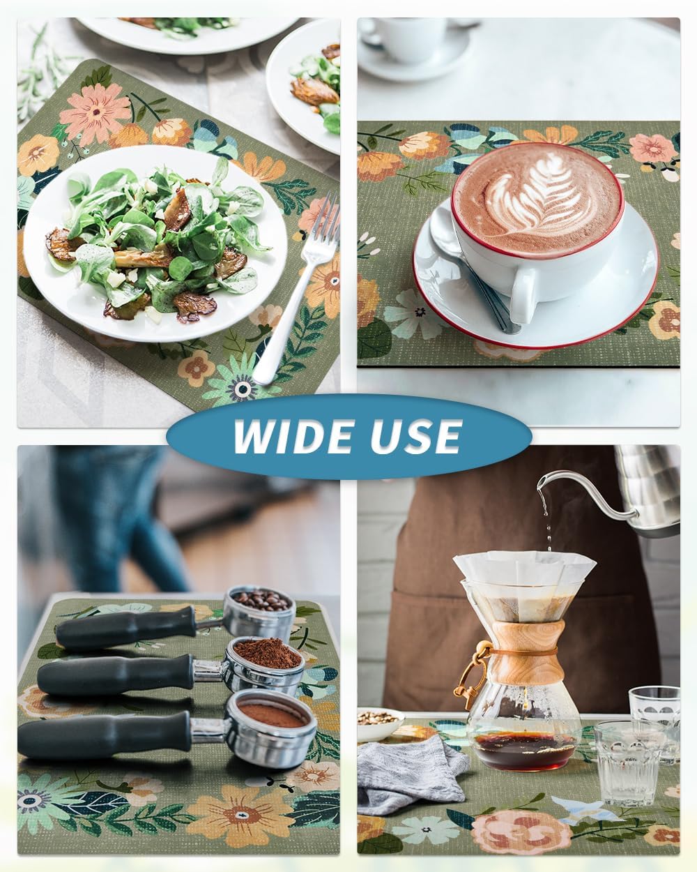 AMOAMI Coffee Mat Hide Stain Rubber Backed Absorbent Dish Drying Mat for Kitchen Counter - Fits Under Coffee Maker or Machine - Floral GREEN 17x31.5