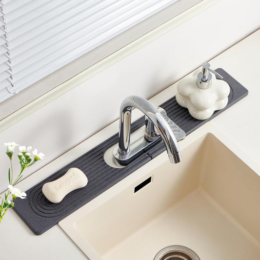 Stone Faucet Mat for Kitchen Sink with Oval Hole – 23.6" × 3.9" Diatomite Drying Stone Mat & Sink Protector, Quick-Dry Splash Guard Water-Absorbing Tray for Bathroom Counter（Dark Gray.23.6" x 3.9"）