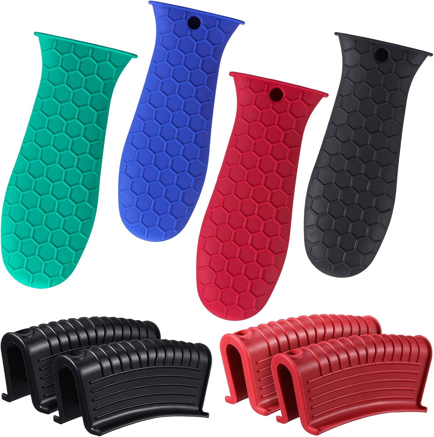 Patelai 8 Pcs Silicone Pot Holders Set Cast Iron Handle Cover Heat Resistant Pot Handle Covers Potholder Non Slip Reusable Pan Sleeve for Frying Pan Kitchen Supplies(Blue, Red, Green, Black)