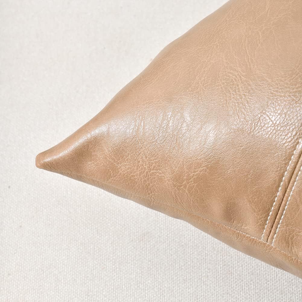 Fancy Homi Tan Long Lumbar Waterproof Faux Leather Decorative Throw Pillow Covers 16x24 Inch for Living Room Couch Bed, Beige Hand Stitched Cushion Case 40x60 cm, Taupe Modern Farmhouse Home Decor
