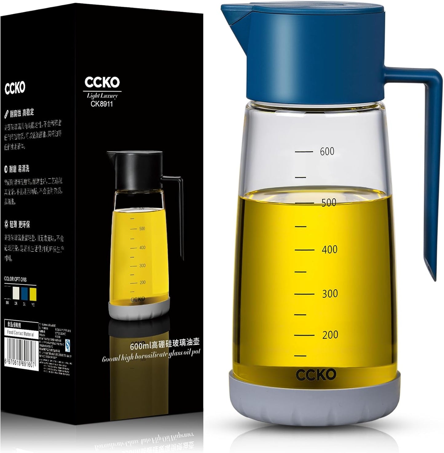 Olive Oil Dispenser Bottle for Kitchen with Leakproof and Dust Cover, Auto-Open & Close Glass Olive Oil Bottle with Non-Slip Bottom 600ml Cooking Oil and Vinegar Cruet Dispenser (Blue)