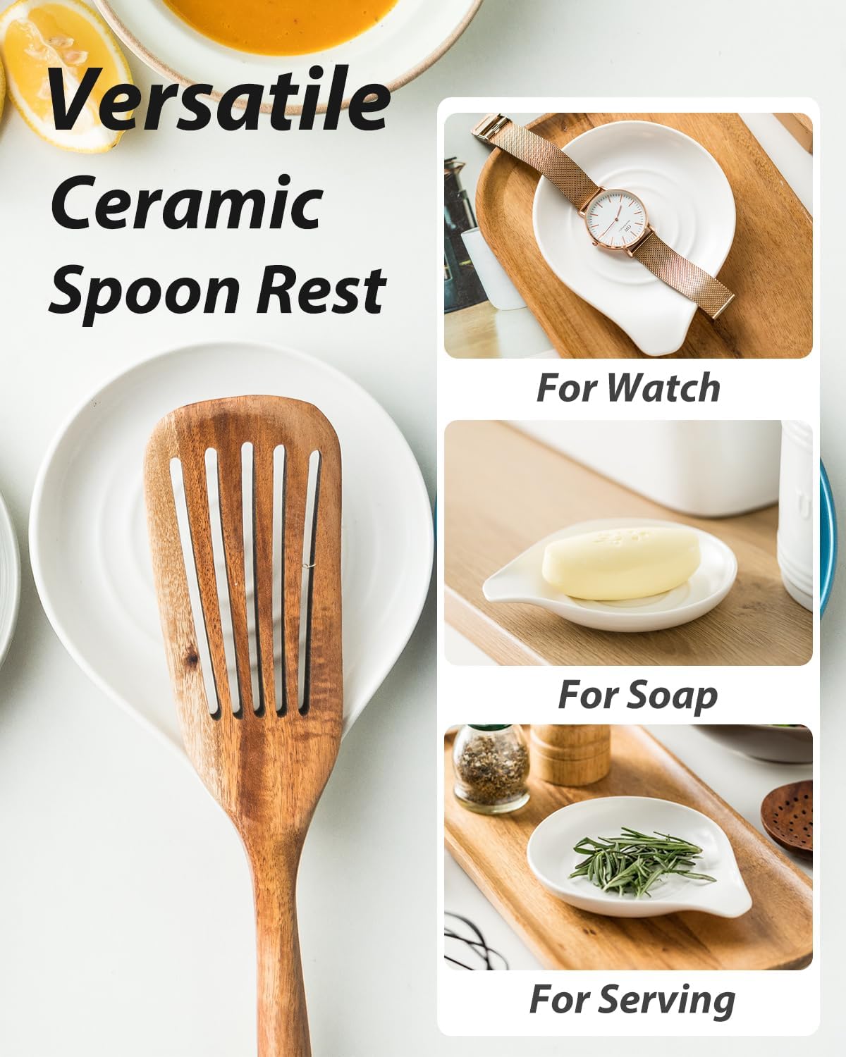 Ceramic Spoon Rest for Kitchen Countertop Porcelain Spoon Holder for Stove Top Large Holder for Spatula, Spoons or Tongs, Framhouse Decor, White