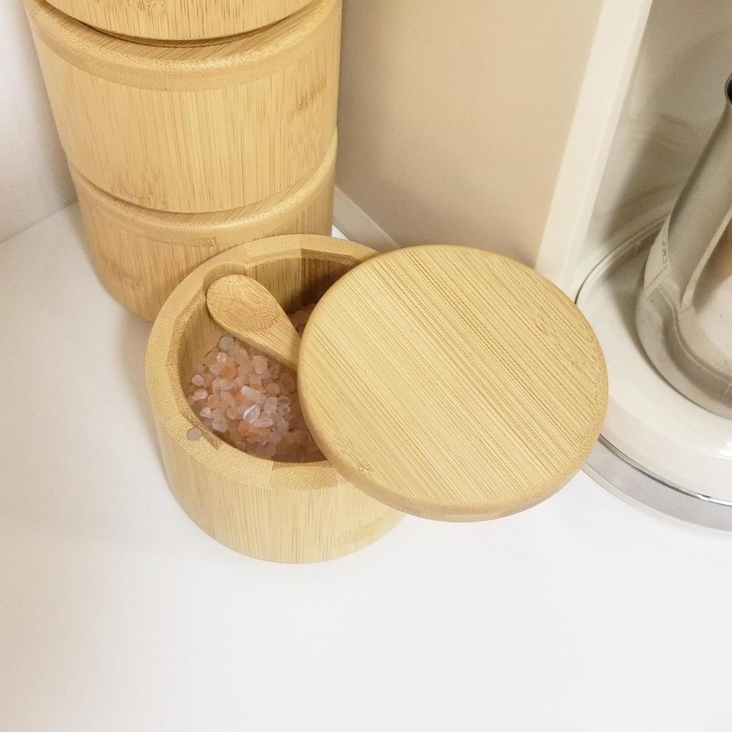Salt Box with Lid and Spoon Bamboo Container Kitchen Spice Cellars with Swivel Lid Built in Spoon Salt Holder for Storage Sea Salt 12oz Capacity Large Keeper