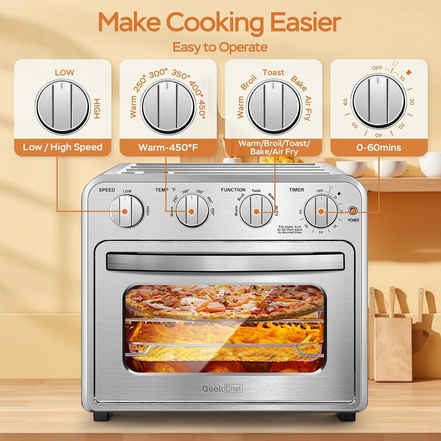 Air Fryer, Geek Chef Convection Air Fryer Toaster Oven, 4 Slice Toaster Airfryer Countertop Oven, Electric Hot Oven Oilless Cooker, Accessories, ETL Listed, 16QT