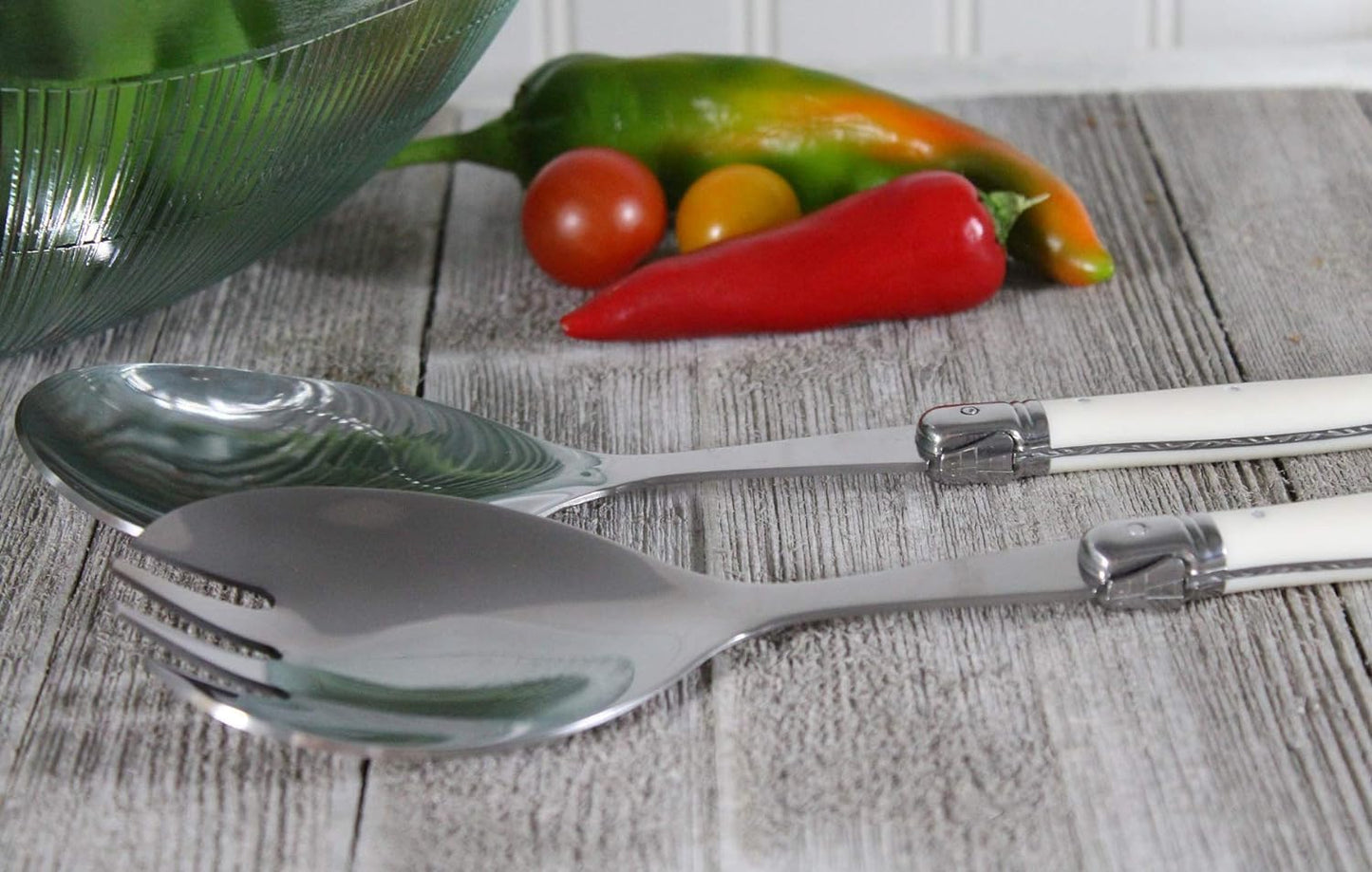 French Home Laguiole Connoisseur (Faux Ivory) Salad Servers 2 Piece Set — Stainless Steel Flatware Set — Salad Serving Utensils — Silverware Set Spoon and Fork Set — Dining Utensils Set