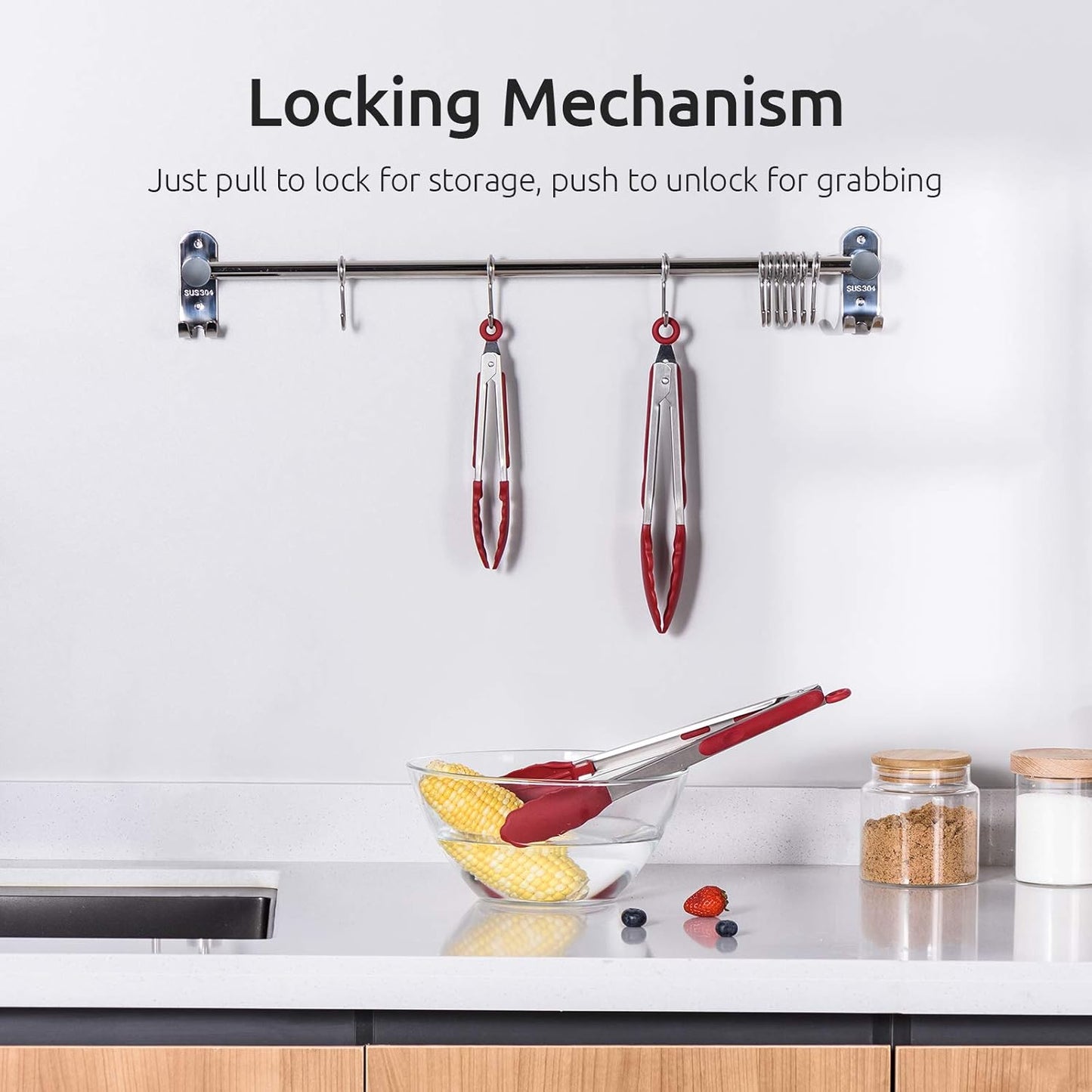 U-Taste Kitchen Tongs, 7/9/12 inches Cooking Tongs, with 600ºF High Heat-Resistant Non-Stick Silicone Tips, 18/8 Stainless Steel Handle, for Food Grill, Salad, BBQ, Frying, Serving, Pack of 3(Red)