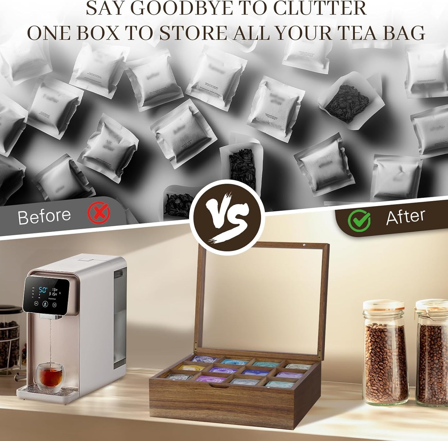 Acacia Wood Tea Bag Organizer, 12 Compartments Tea Box Organizer Storage Box, Teabag Holder Organizers with Clear Acrylic Window, Magnetic Lid and Removable Dividers