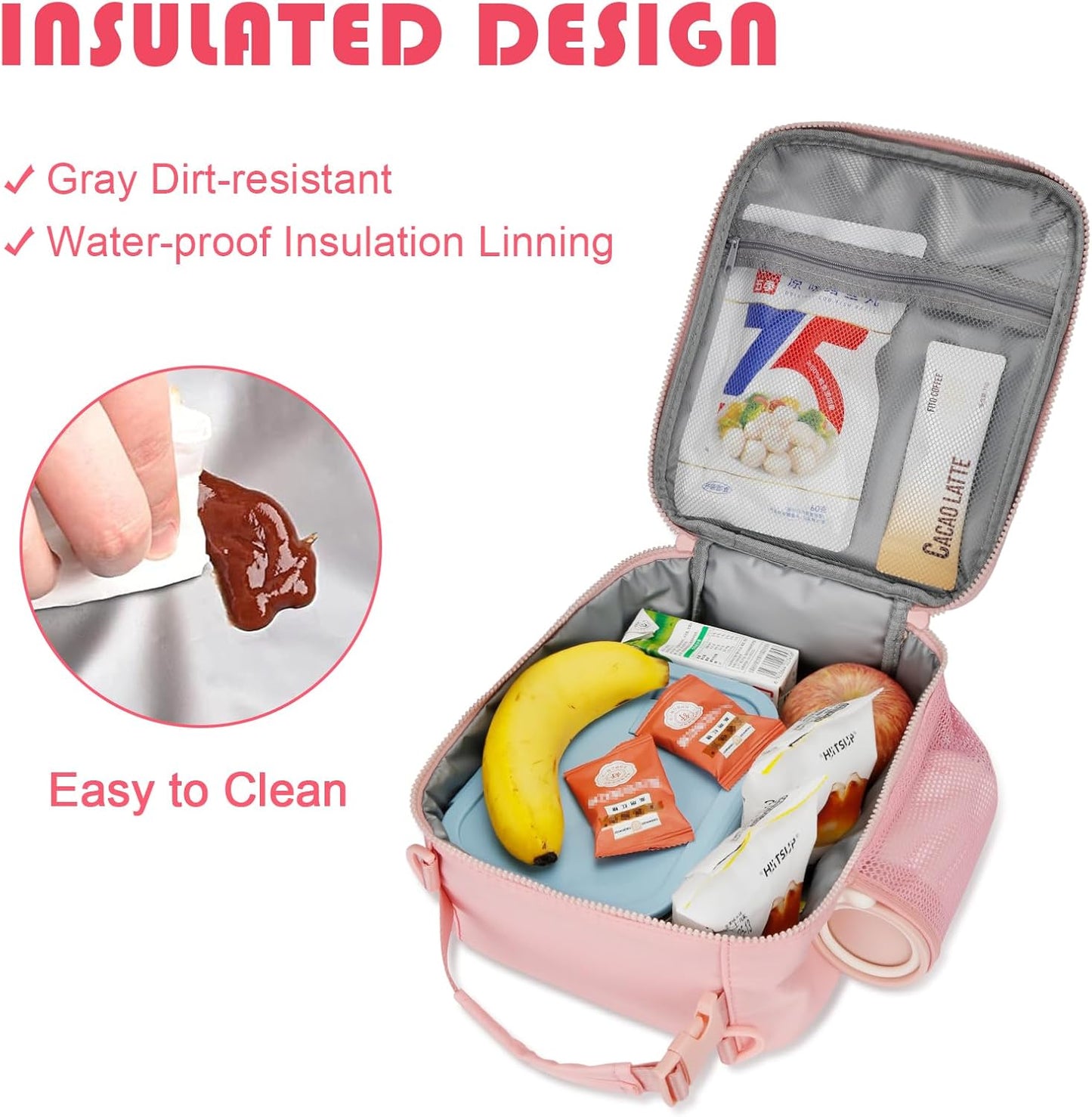 Initial Insulated Lunch Bag for Girls Kids, Back to School Gift, Reusable Leak-proof Lunch Box with Adjustable Strap for School Daycare Travel Picnic (Pink,A)