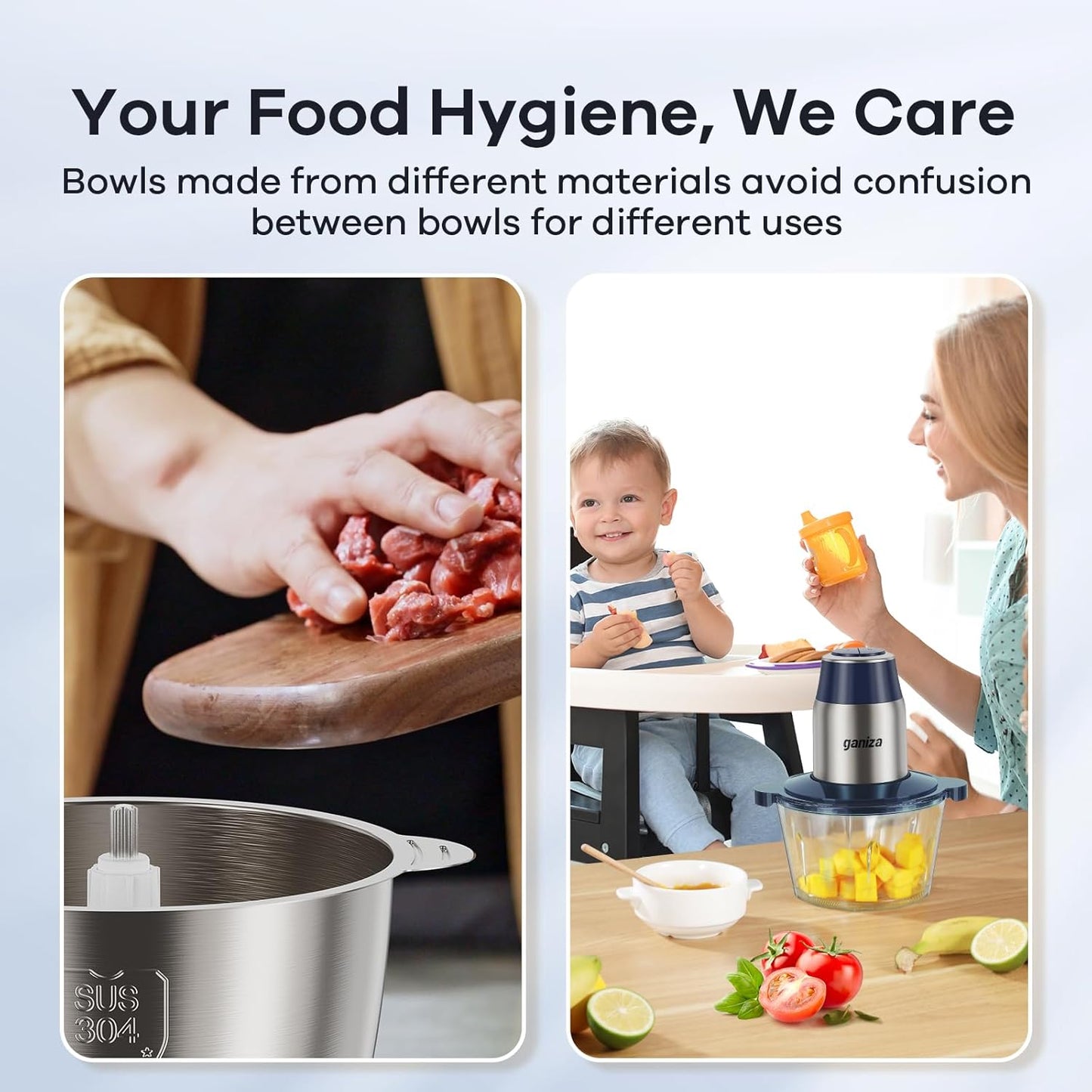 GANIZA Food Processors, Electric Chopper with Meat Grinder & Veggie Chopper - 2 Bowls with Powerful Copper Motor - Includes 2 Sets of Bi-Level Blades for Baby Food/Meat (Blue, 8 Cup+8 Cup)