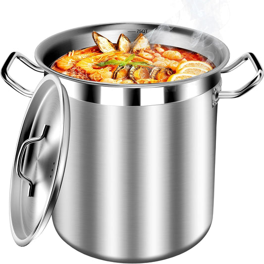 75 Quart Commercial Stock Pot with Lid – Restaurant-Grade Stainless Steel Soup Pot, Triple-Layer Even Heat Base, Steam Vent Lid, Induction Ready – Lobster Boils, Catering, Bulk Cooking