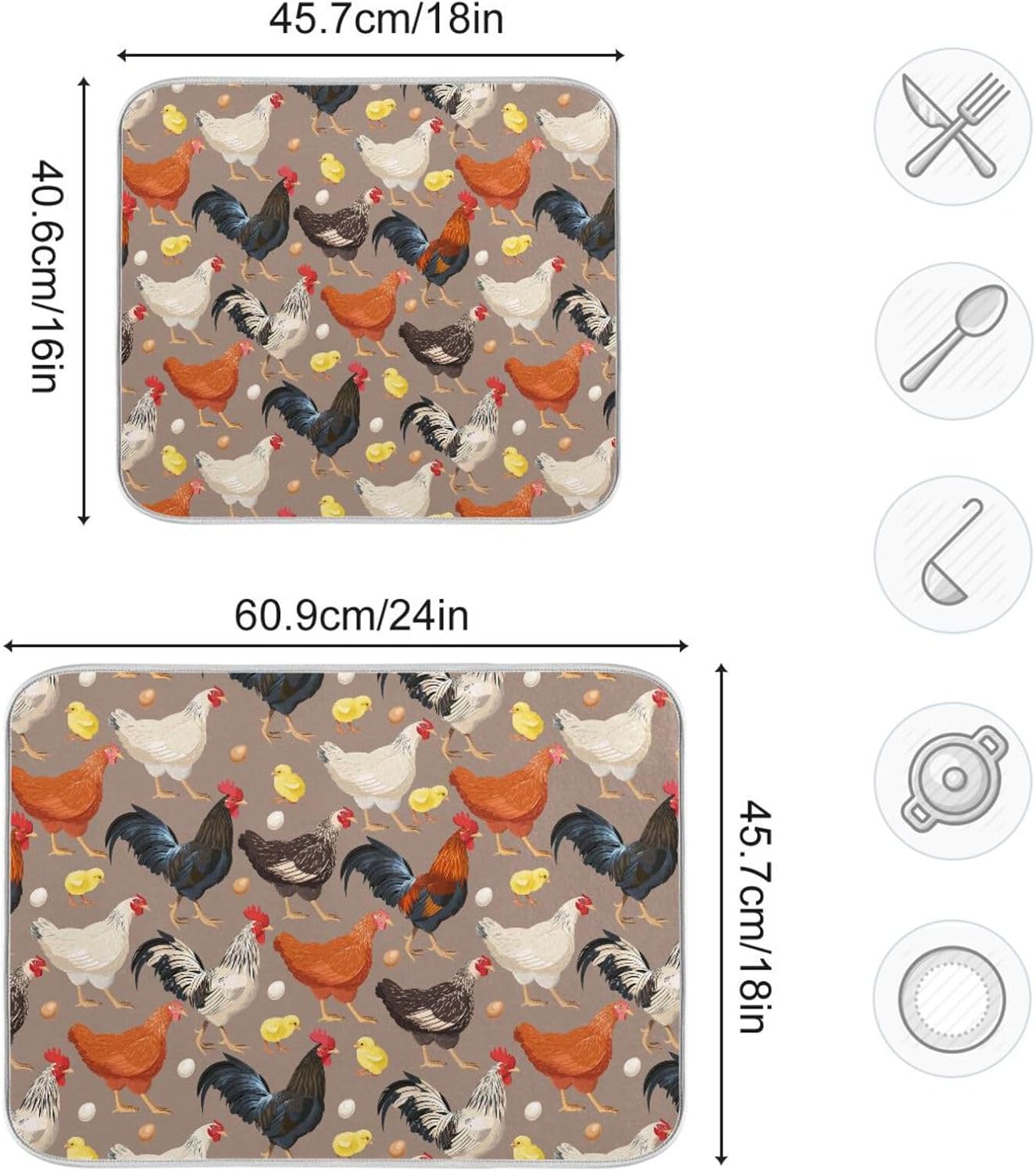 Hens Roosters Chicken Dish Drying Mat for Kitchen Counter Absorbent Microfiber Drying Pad, Large 18x24 in, Reversible Drainer Mats