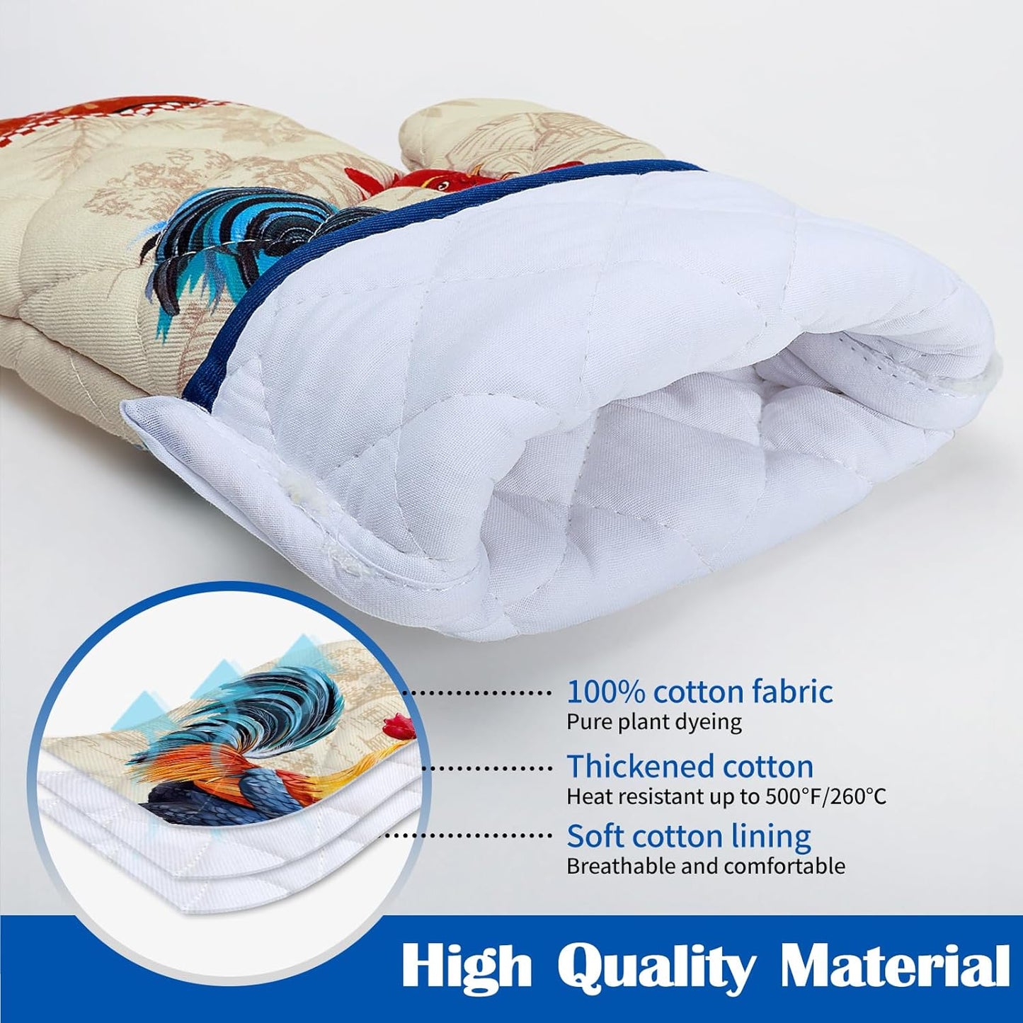 Rooster Oven Mitts and Pot Holders Sets 4Pcs, 100% Cotton Heat Resistant, Extra Long Oven Gloves Potholder for Kitchen Cooking Baking Housewarming