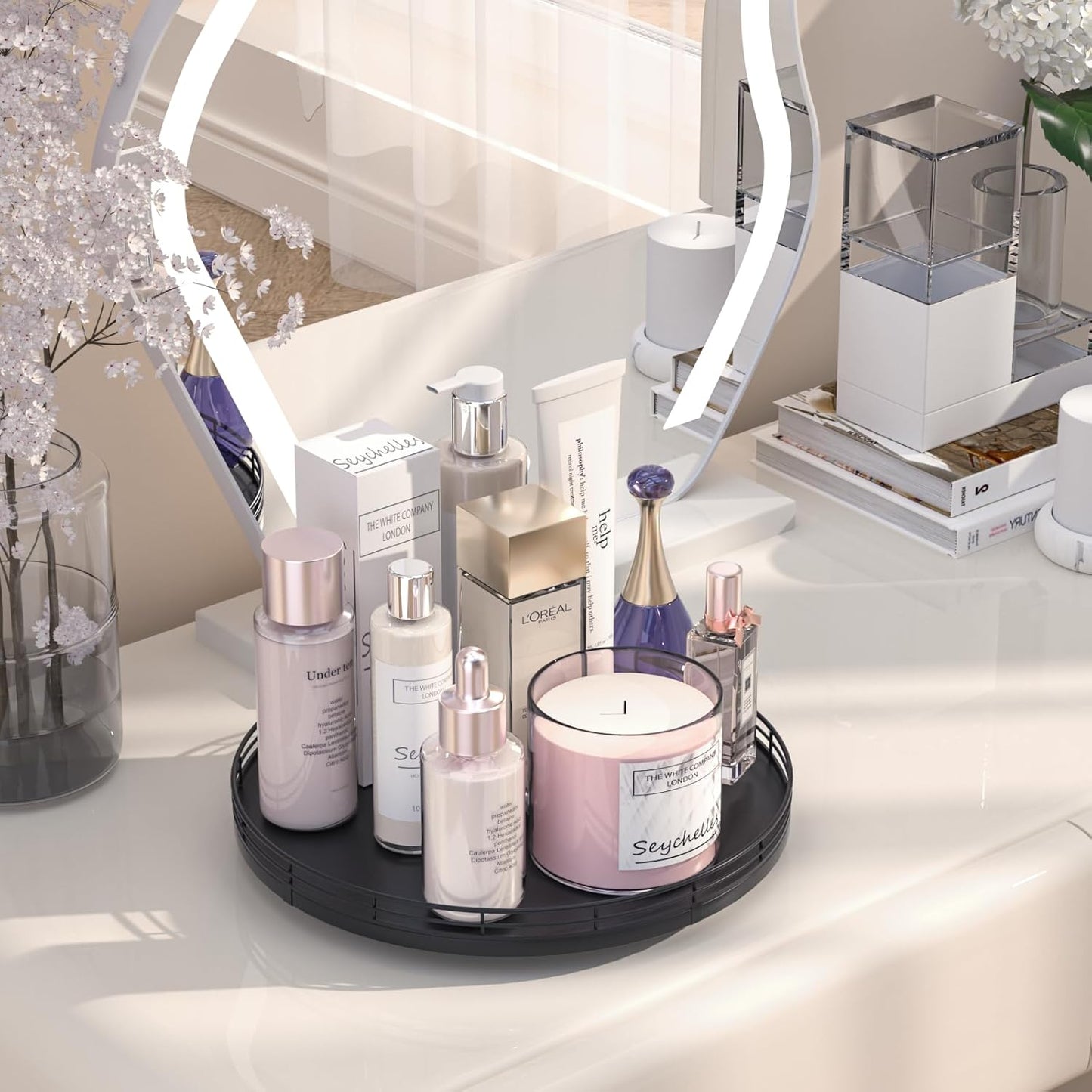 12" Oak Wood Bathroom Tray for Counter, Vanity Tray for Perfume Lotion Candle Makeup Jewelry Sink Soap Holder Turntable Dresser Organizer Countertop Coffee Table Decor Organization and Storage Black