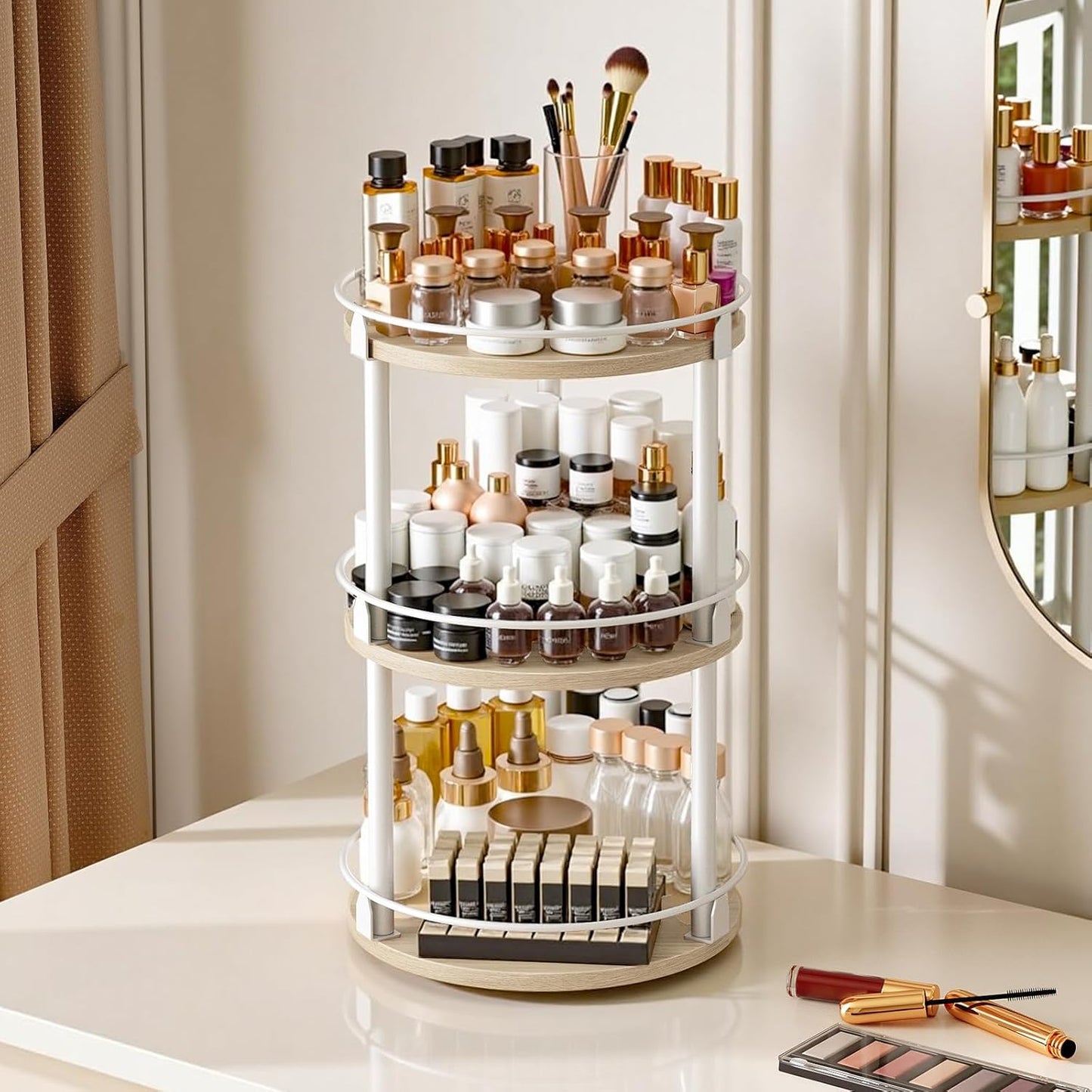 Lazy Susan Organizer, Rotating Spice Rack, 3 Tier Spice Turntable Organizer, Industrial Turntable Spice Holder, for Kitchen Countertop, Compact and Versatile, White and Light Oak SR23WG