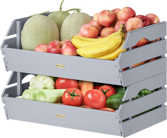 HABAU Wood Potato Onion Storage Bins - Wooden Stackable Produce Basket - Fruit Vegetable Storage for Kitchen Pantry Organization, Set 2 Pieces