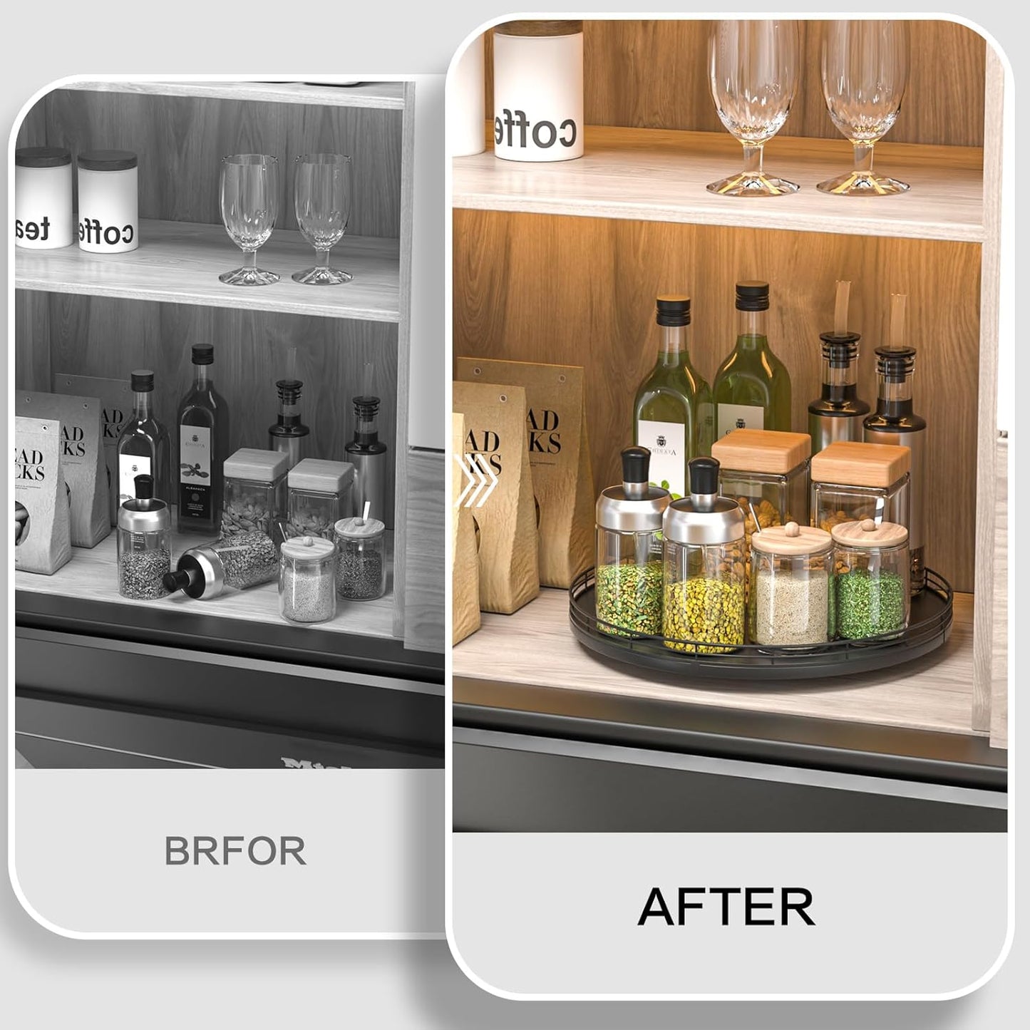 13" Oak Wood Lazy Susan Organizer, Lazy Susan for Cabinet Dining Table Pantry Wood Turntable Organizer Tray for Coffee Table Kitchen Countertop Salt Pepper Spice Organization and Storage Round Black