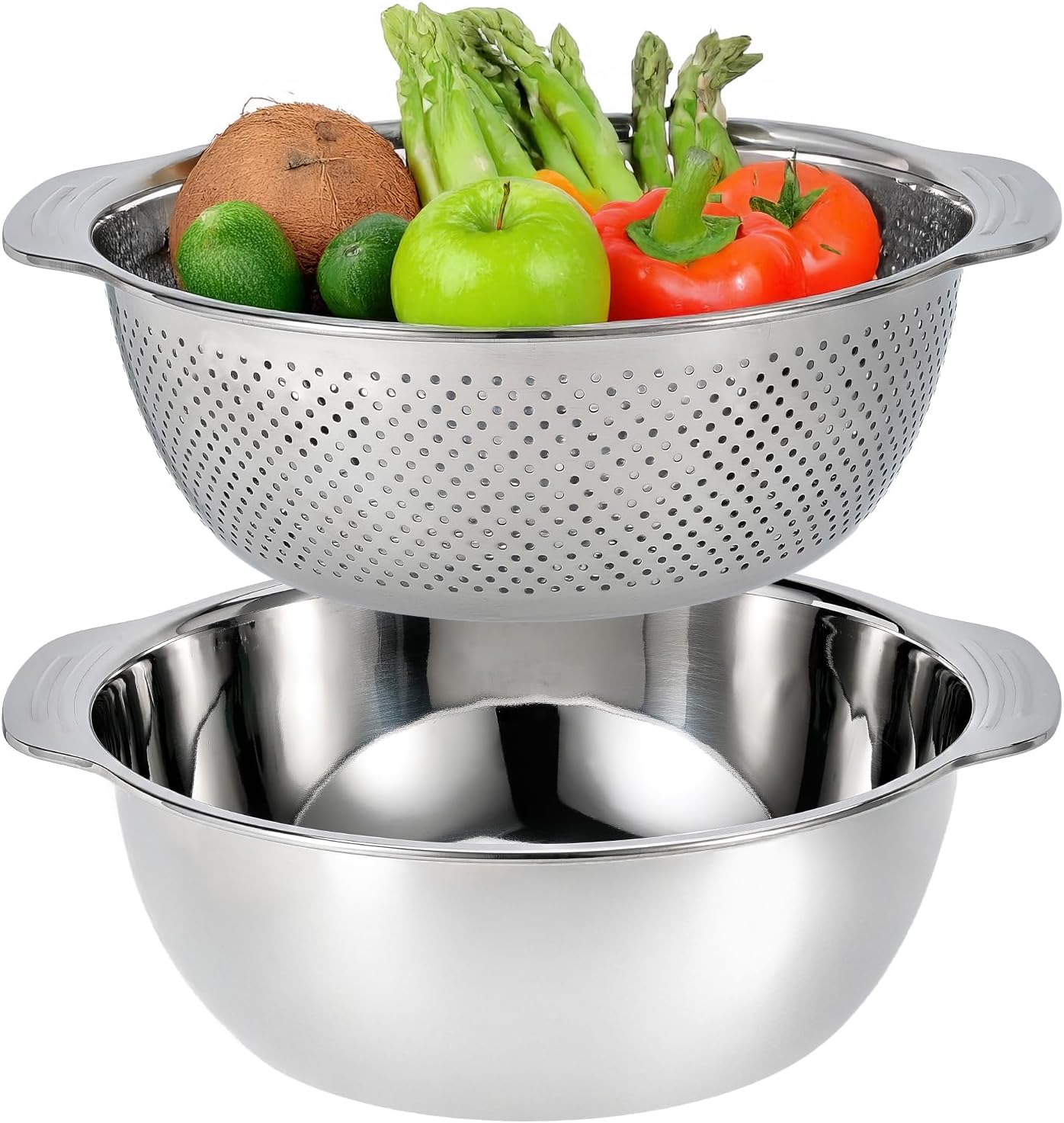 Versatile 3.5 Quart Kitchen Colander Set with Handle, Micro-Perforated Strainer for Pasta, Rice, Vegetables, Fruits, Heated 18/10 Stainless Steel Mixing Bowl for Salad, Cooking, Baking