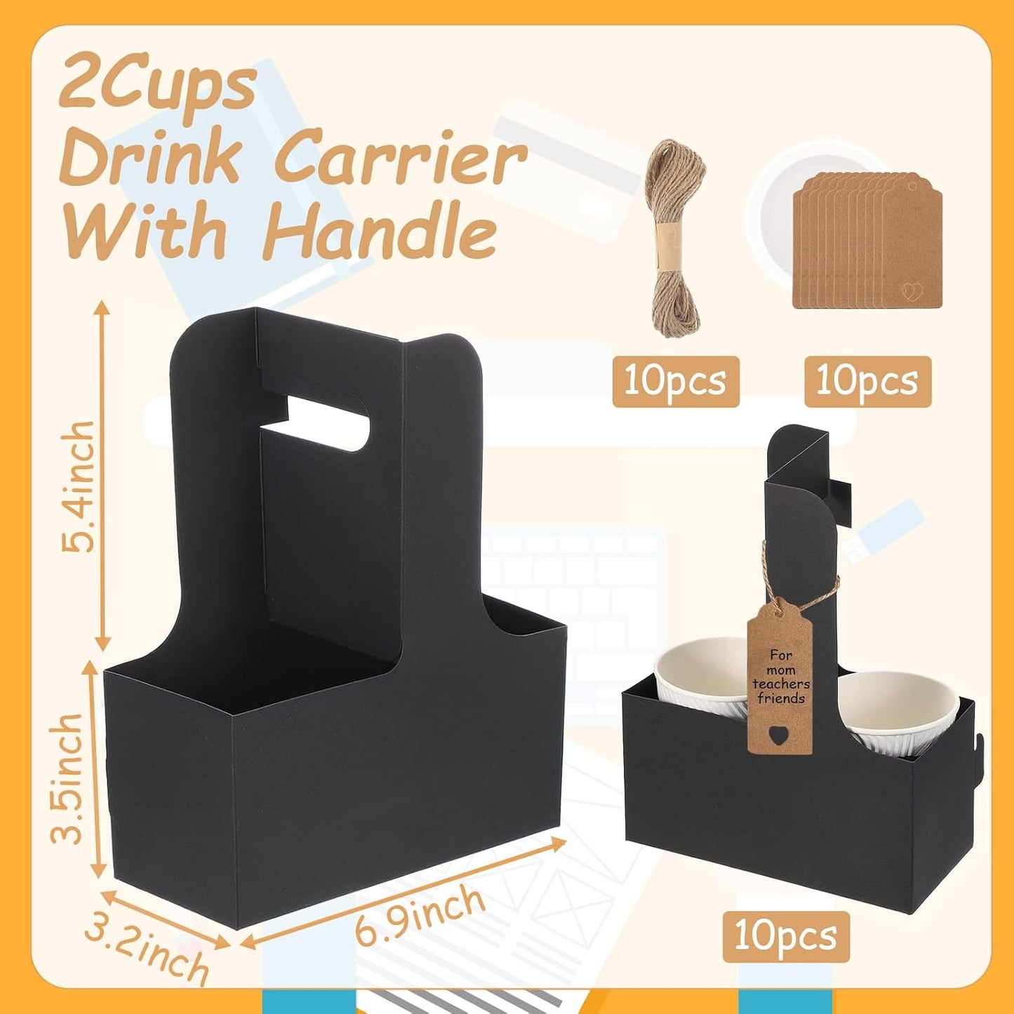10 Pack 2 Cup Disposable Drink Carrier with Handle Paperboard Coffee Cup Holder Portable for Hot Cold Drinks Food Delivery Services with Heart Card for Teacher Appreciation Week Mother's Day