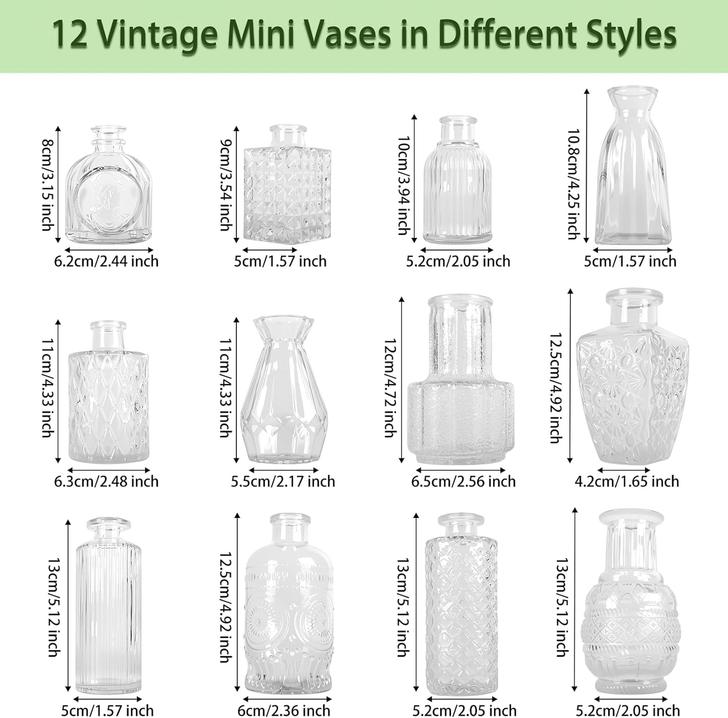 Glass Bud Vase Set of 12 Pcs, Small Clear Bud Vases for Flowers, Vintage Vases for Centerpiece Table Wedding Decorations Home Decor Glass Bottles for Birthday Party Anniversary