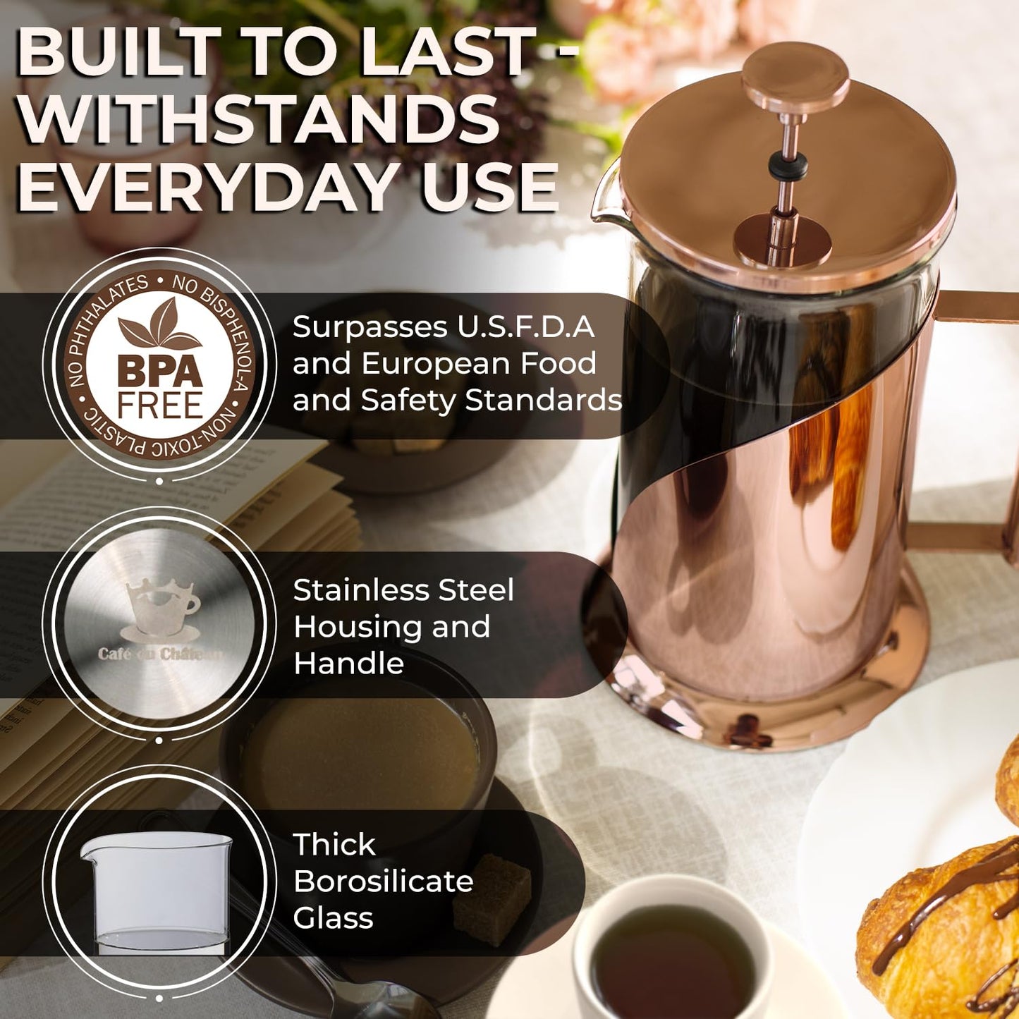 Cafe Du Chateau Stainless Steel French Press Coffee Maker - 34oz Insulated Coffee Press with 4-Level Filtration, BPA Free, Durable Glass, Great for Tea