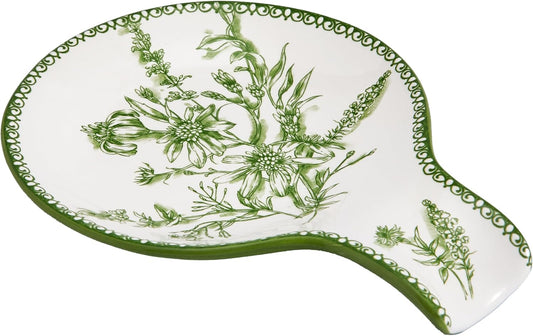 Bico Green Garden Toile De Jouy Spoon Rest for Stove Top, Ceramic Spoon Holder for Kitchen Counter, Easy to Clean Coffee Spoon Rest Dishwasher Safe, Kitchen Cooking Utensil Rest for Ladles Spatula