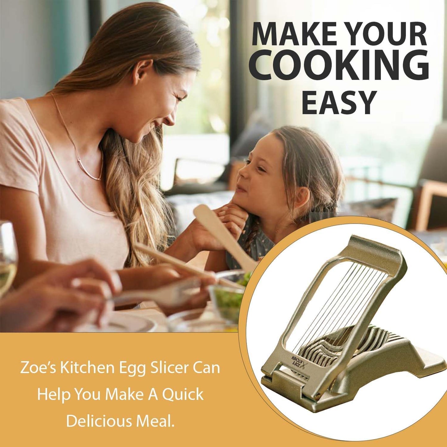 Zoe's Kitchen Good Grip Egg Slicer for Hard Boiled Eggs Heavy Duty Professional Large Aluminum Egg Slicer with Stainless Steel Wires Kitchen Aid Egg, Strawberry Slicer Hard Boiled Egg Cutter (Golden)