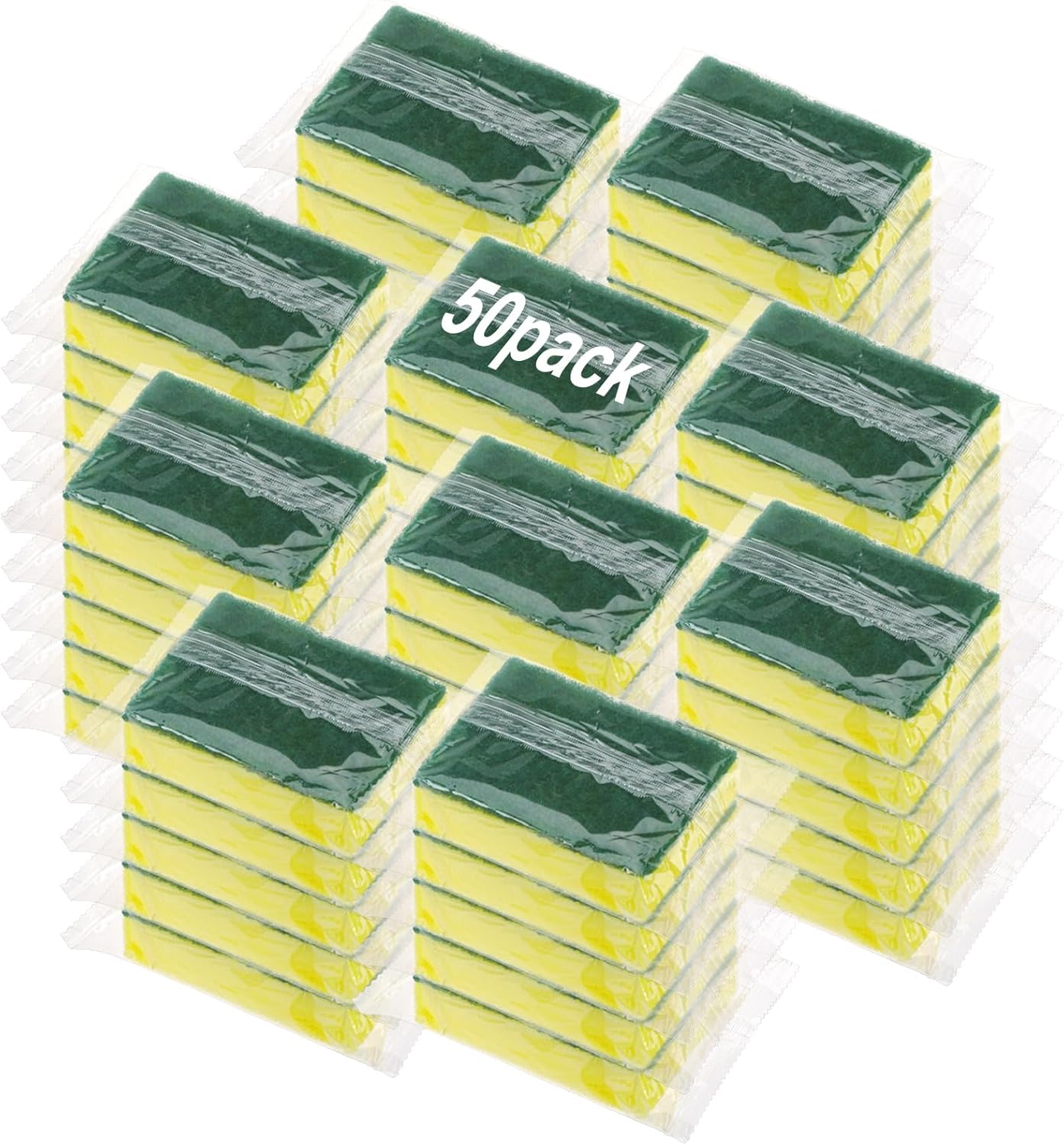 50 Pcs Individually Wrapped Sponges, Uncompressed Non Scratch Scrouing Sponges for Household Cleaning Dishes Kitchen Airbnb Apartment Car Bike Green
