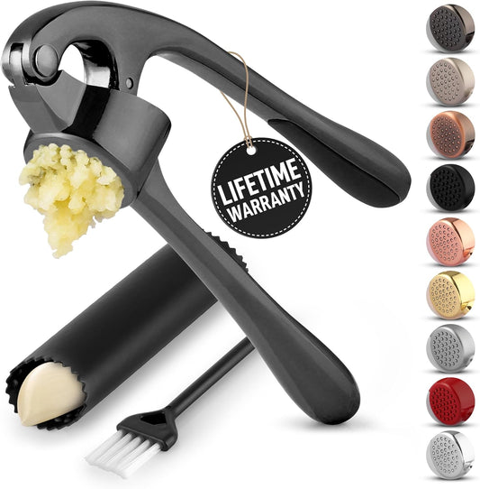 Zulay Kitchen Premium Garlic Press Set - Rust Proof & Dishwasher Safe Professional Garlic Mincer Tool - Easy-Squeeze, Easy-Clean with Soft, Ergonomic Handle - Silicone Garlic Peeler & Brush-Dark Gray