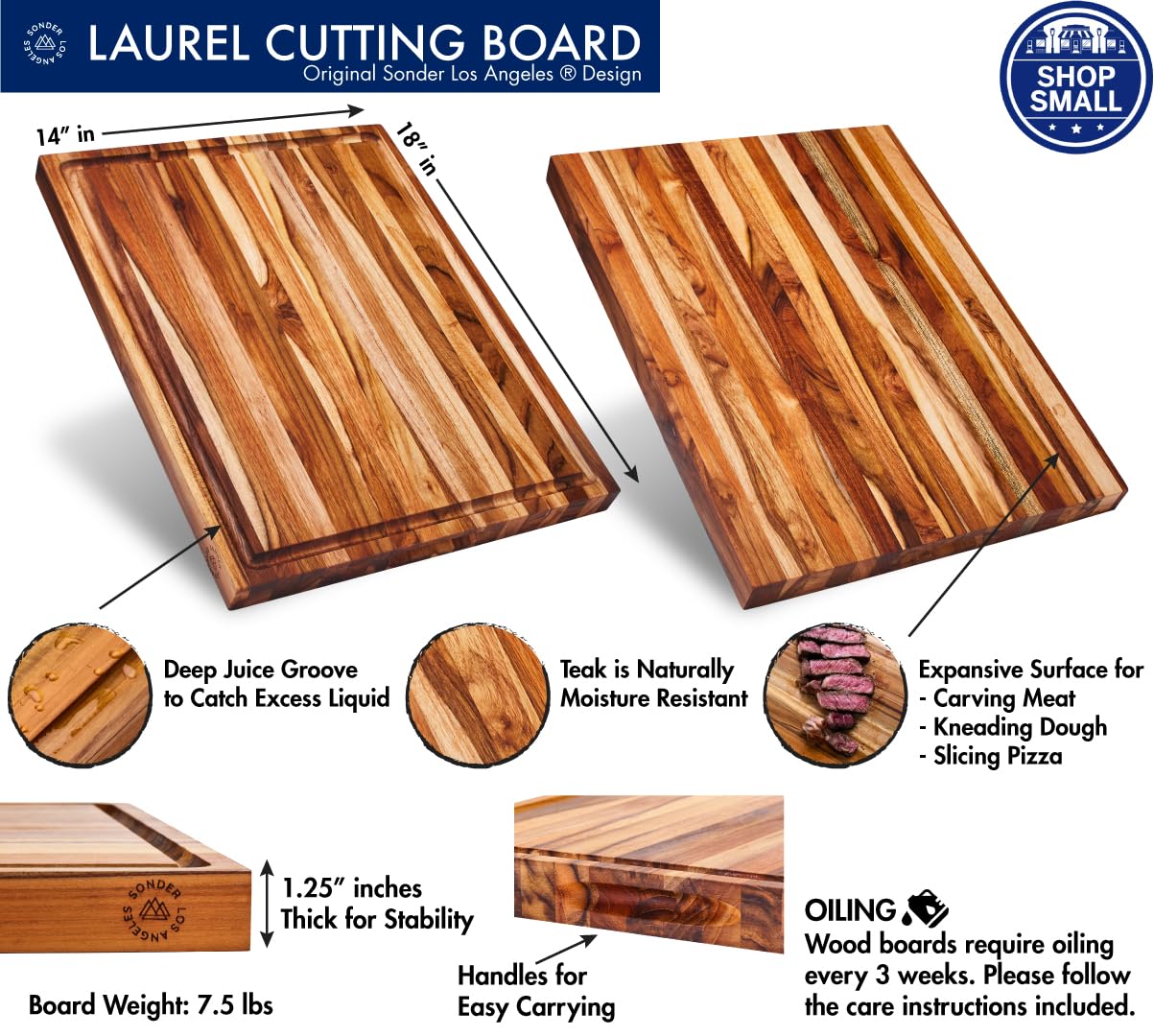 Sonder Los Angeles, Large Teak Wood Cutting Board for Kitchen with Juice Groove, Reversible Charcuterie Butcher Block 18x14x1.25 in (Gift Box Included)