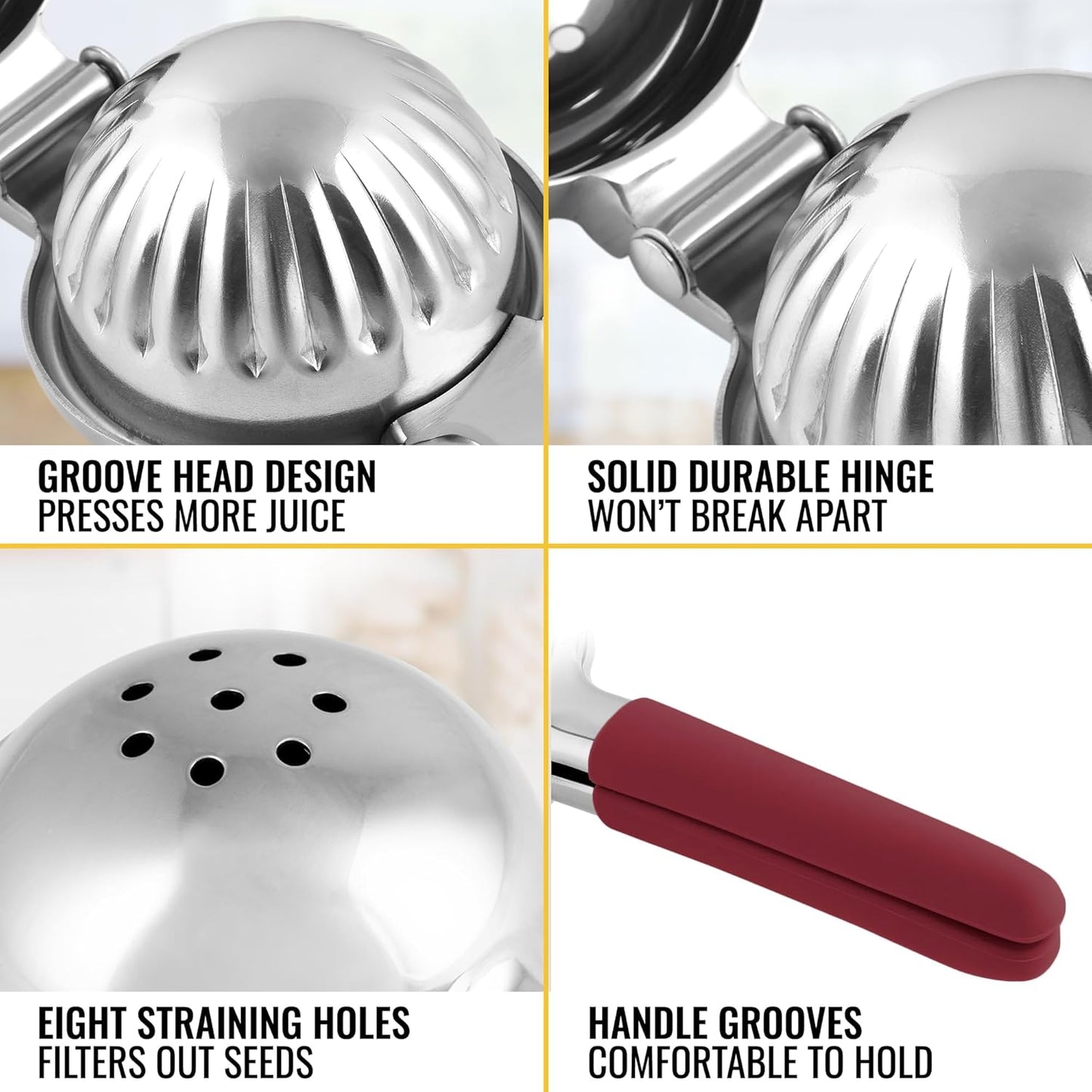 Zulay Lemon Squeezer Stainless Steel with Premium Heavy Duty Solid Metal Squeezer Bowl and Food Grade Silicone Handles - Large Manual Citrus Press Juicer and Lime Squeezer Stainless Steel (Cranberry)