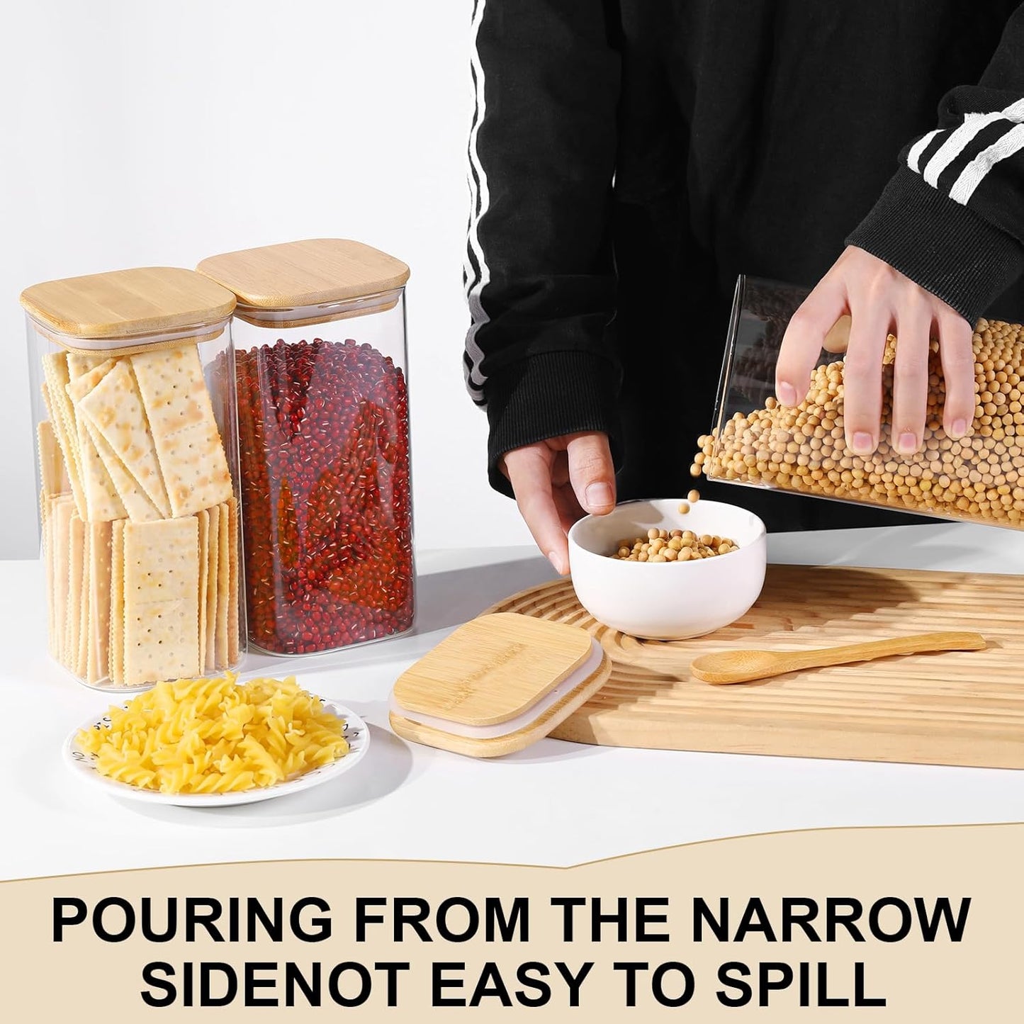 Glass Food Storage Jars with Lids(50oz)Square Set of 3 ,Glass Storage Containers Clear Glass Food Canister with Bamboo Lid Airtight For Serving Tea, Coffee Beans, Flour,Cookie, Cereal,Spice and More