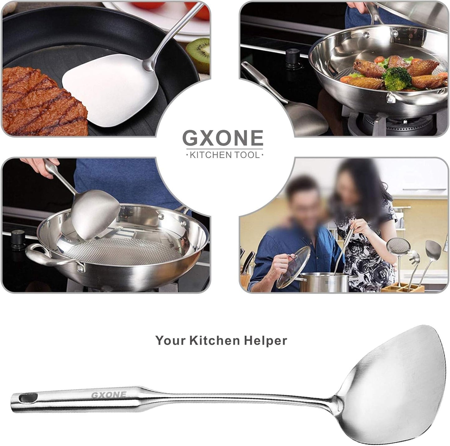 Wok Spatula Stainless Steel, Wide Metal Spatula with Hollow Long Handle Wok Utensils,Silver/14.7Inch