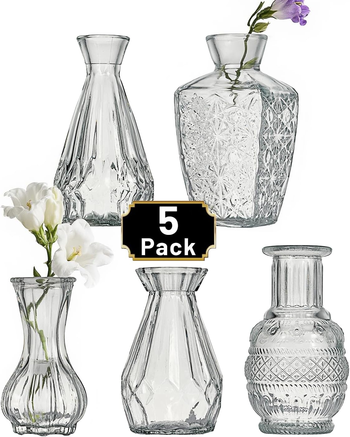 Glass Bud Vase Set of 5 Pcs Small Minimalist Vases for Flowers, Vintage Rustic Home Decor for Table Centerpiece Wedding Party, Modern Clear Aromatherapy Bottle for Living Room Bedroom