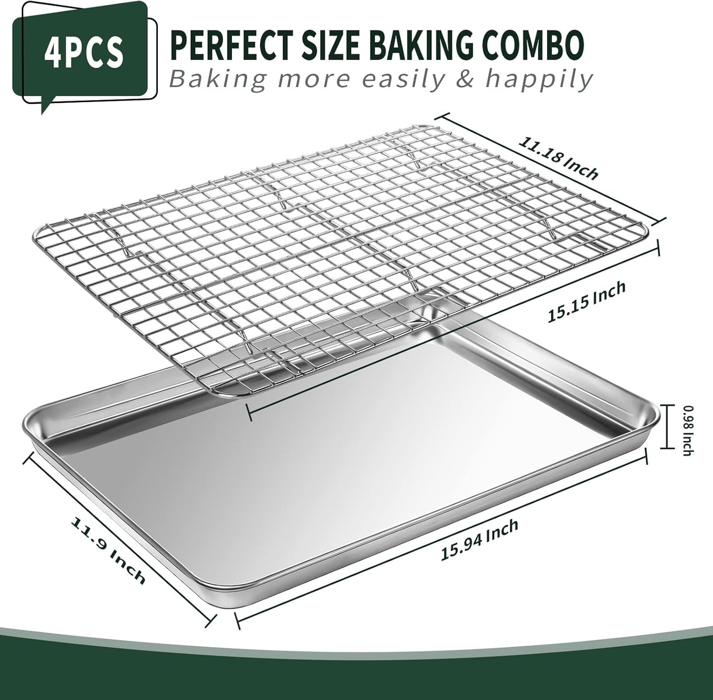Jelly Roll Pan with Cooling Rack Set [2 Baking Pans + 2 Baking Racks], CEKEE Stainless Steel Baking Sheet Tray with Wire Rack Set, Commercial Quality, Rust Proof & Nonstick, Size 15.94 x 12 x 1 Inch