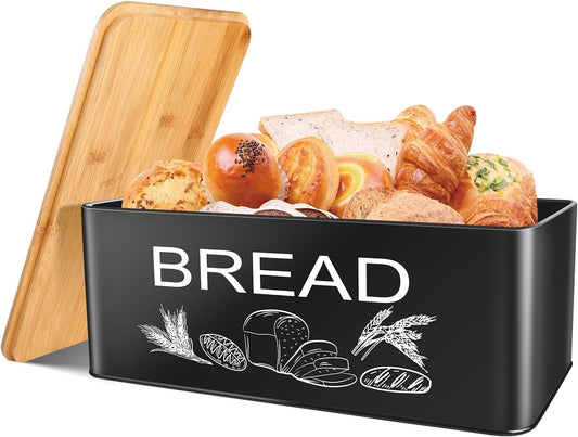 JIGUOOR Black Bread Box, Large Space Saving Vertical Metal Bread Box with Wooden Cutting Board Lid, Holds 2+ Loaves, Farmhouse Bread Bins Kitchen Bread Storage,Kitchen Parts Box 12.99" x 7.08" x 4.72"