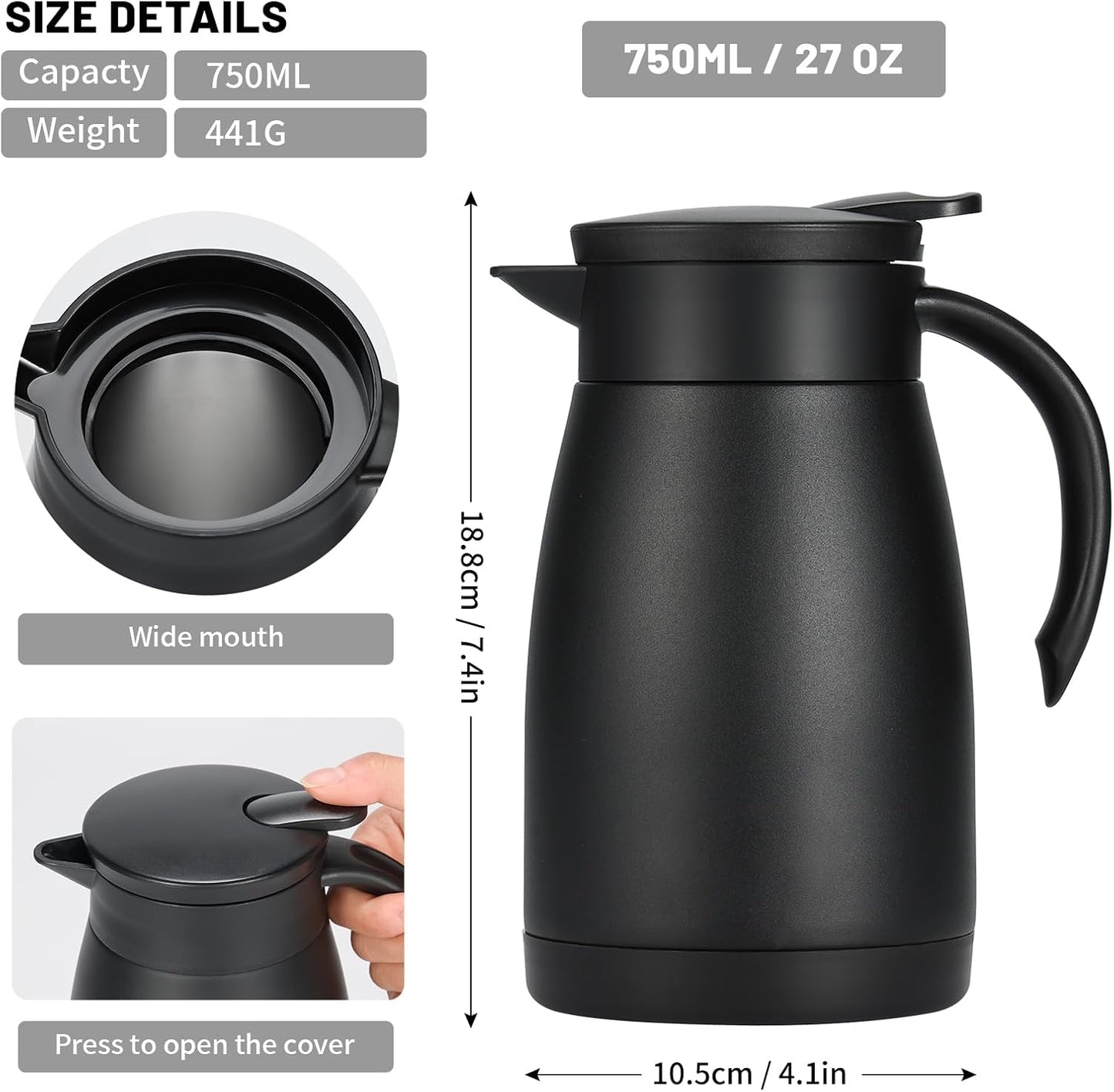 27 Oz Thermal Carafe with Ceramic Liner, 750 ml Insulated Stainless Steel Small Carafe for Keeping Coffee, Tea and Water Hot, Black