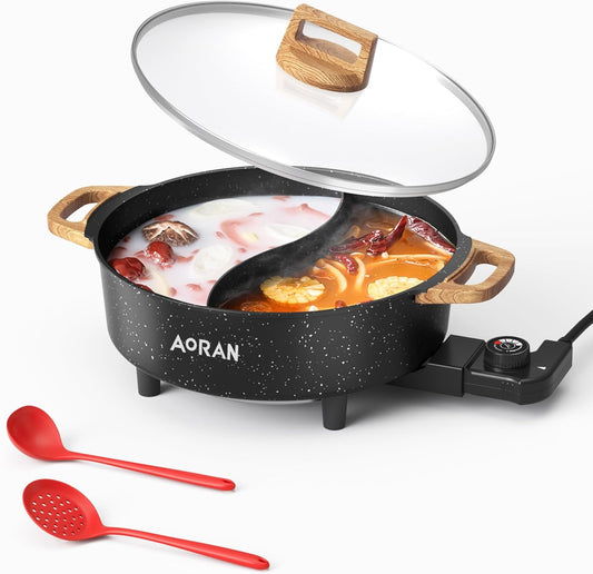 AORAN Electric Hot Pot with Divider, 1350W 8L Nonstick Smokeless Cooker for Shabu Shabu & Fondue, Multi-Function Cookware with Soup Ladle, Strainer, Includes Tongs - Easy to Clean, Black