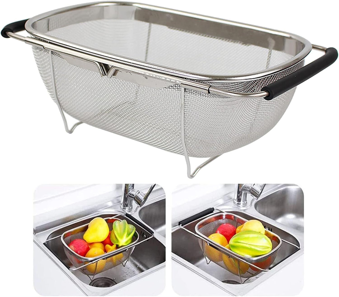 Over The Sink Colander, 4 Quarts Stainless Steel Oval Colander with Expandable Rubber Grip Handle, Fine Mesh Strainer Baskets Kitchen Colander for Strain, Drain, Rinse Vegetables, Fruits, Black
