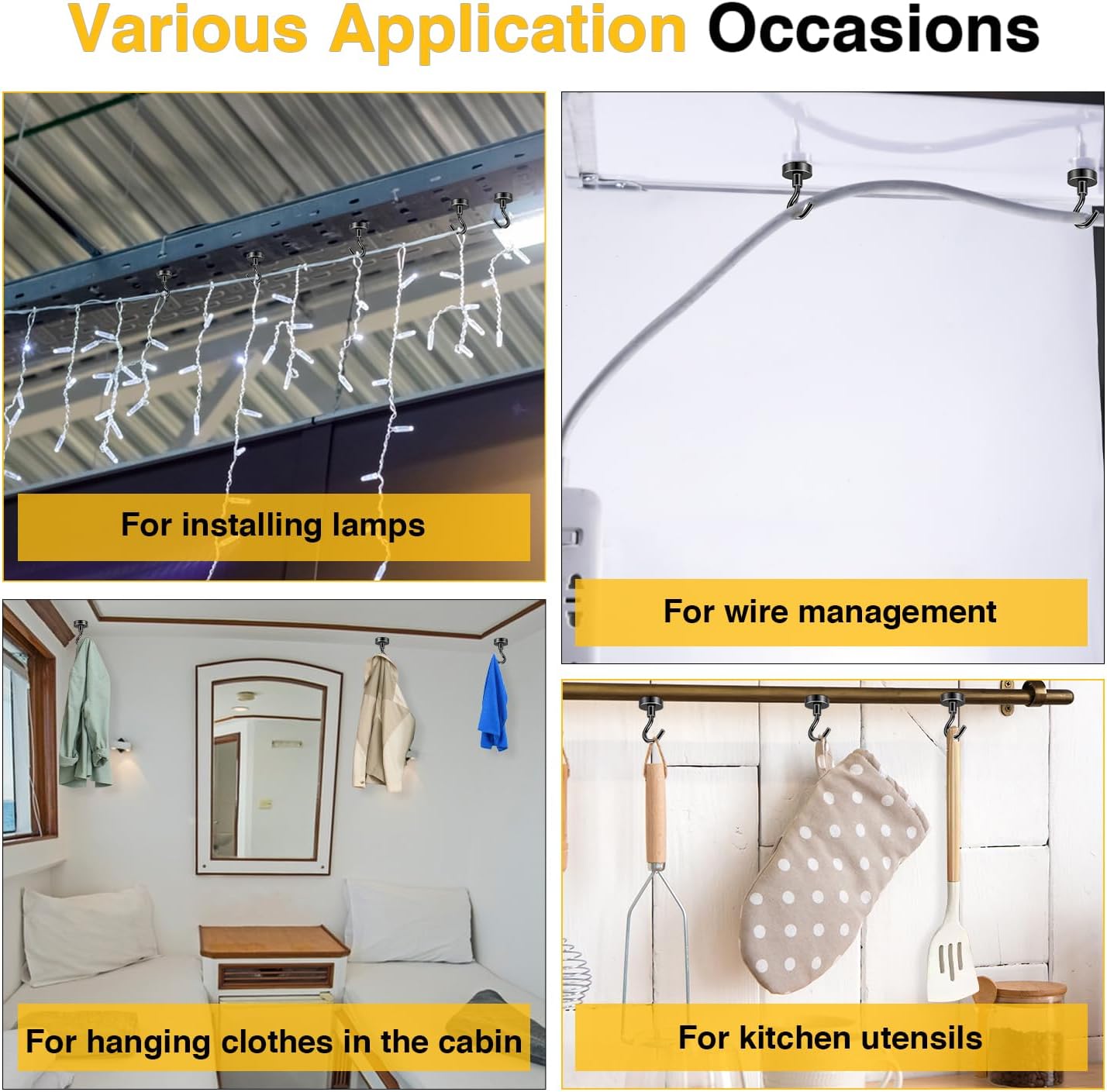 DIYMAG Outdoor Hooks for Hanging String Lights, Balck Magnetic Hooks Strong 30lbs+ Hanging Party Light Wall Cable for Outside Cruise Cabin Refrigerator Fridge Grills Must Have 60PCS