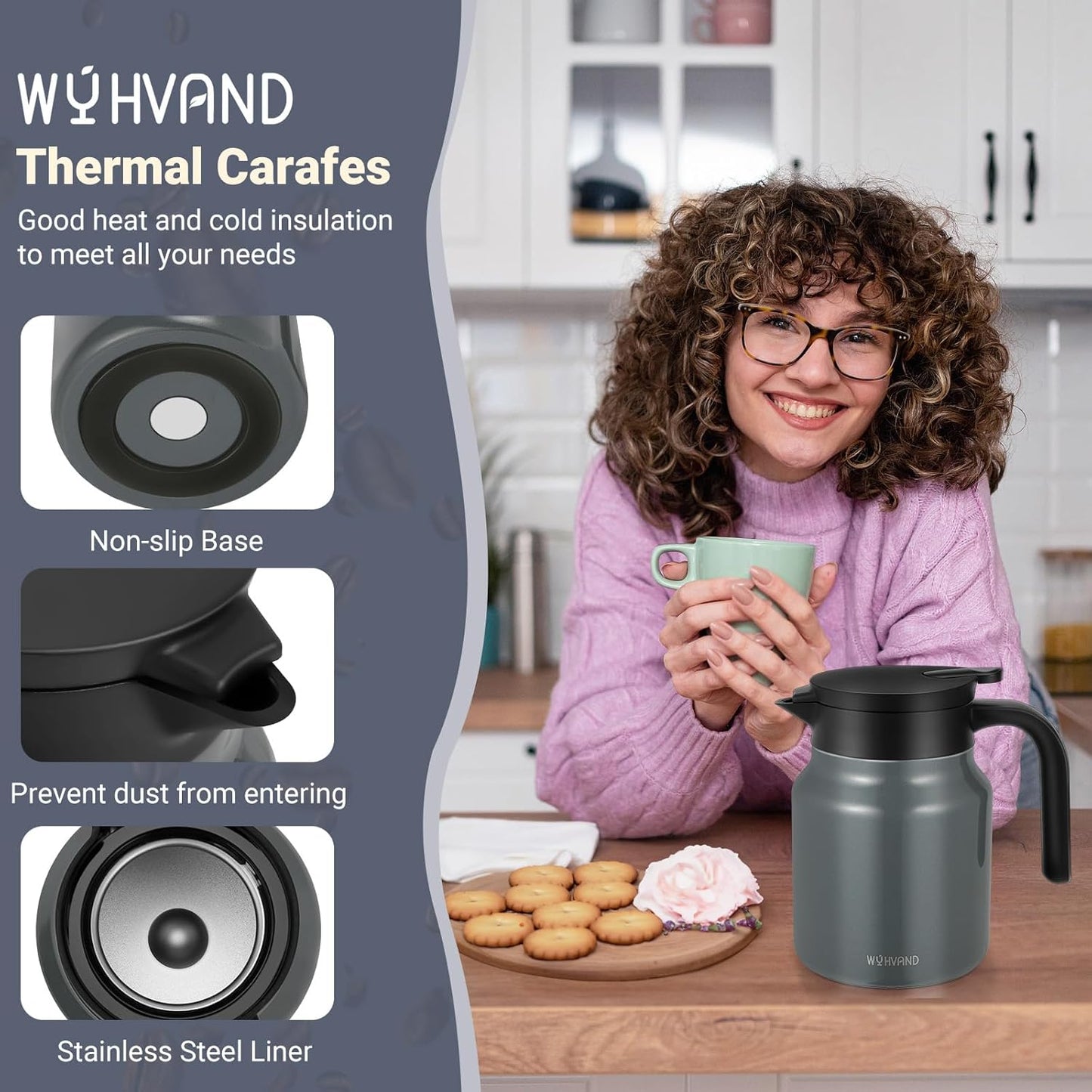 34Oz Thermal Coffee Carafe for Hot/Cold, Stainless Steel Thermos Carafes for Hot Liquids, Dustproof Insulated Hot Water Carafe for Party/Home,Charcoal