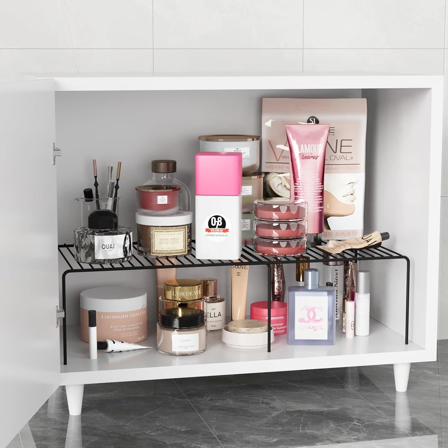 Expandable Storage Shelf, Pantry Organizers and Storage, Adjustable Rustproof Metal Wire Spice Rack, Space Saver Kitchen Storage Shelves for Pan, Pot, Countertop, Drawer, Fridge, Set of 2, Black