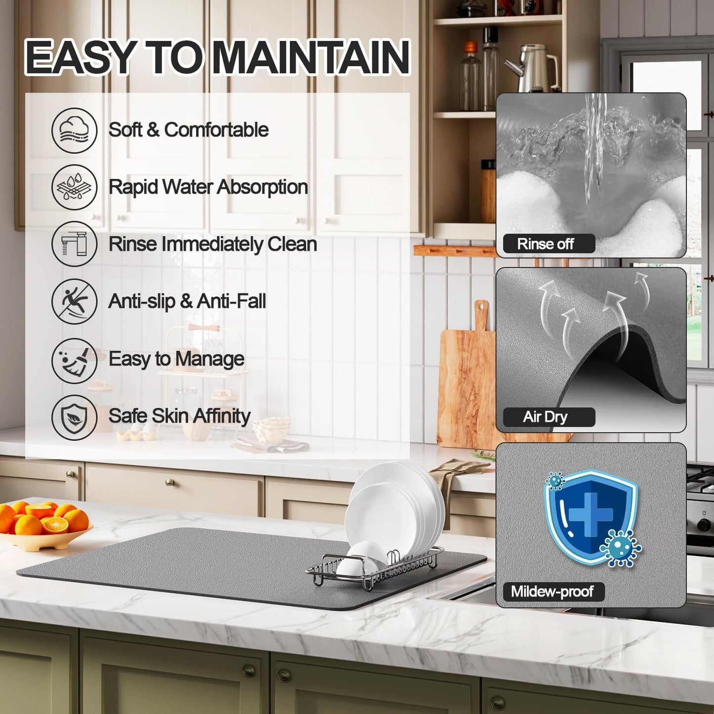 Dish Drying Mat for Kitchen Counter | Coffee Bar Mat for Countertops | Heat Resistant Drainer Mat with Non-slip Rubber Backed | Hide Stain Kitchen Absorbent Draining Mat | Grey 18"x24"