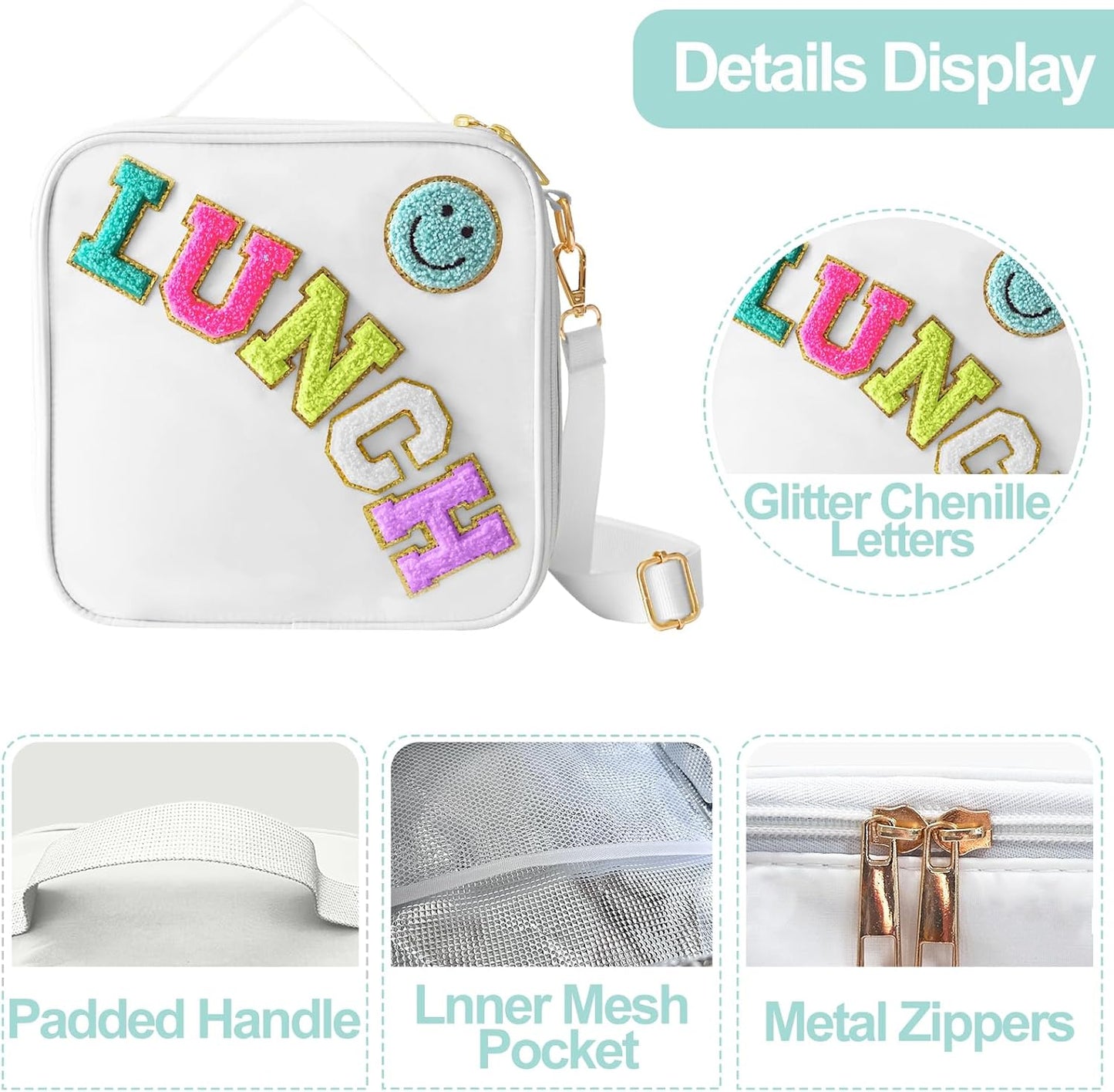 Insulated Lunch Bag With Adjustable Shoulder Strap, Nylon Preppy Lunch Box Large Insulated Lunch Bag Reusable Lunch Tote Bag with Smiley Preppy LunchBag for Girls School Travel Picnic (White)