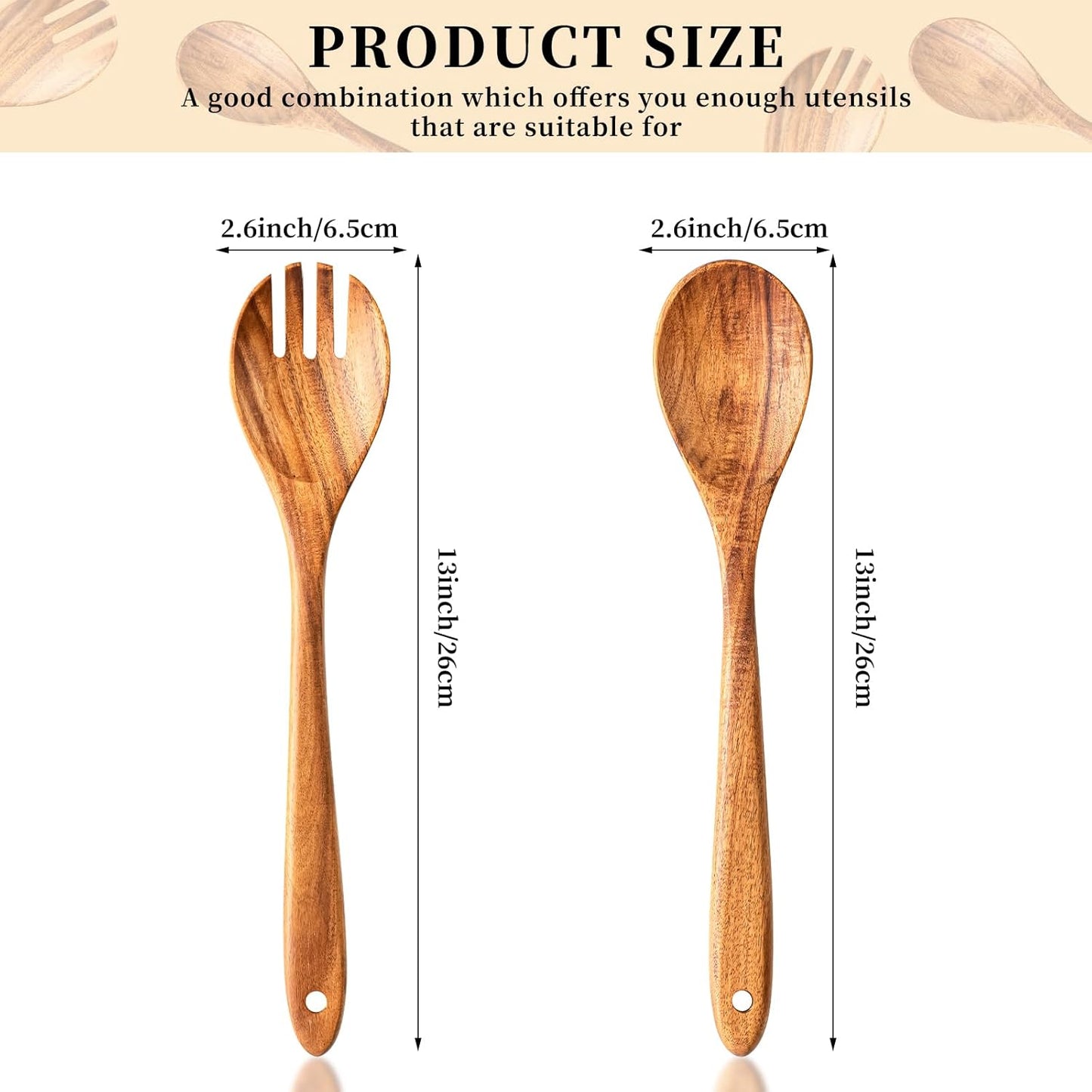 Gudamaye Acacia Wooden Salad Server Set,13 inch Salad Tongs for Serving including Salad Mixing Dinner Fork and Spoon,Long Handle Salad Server Set